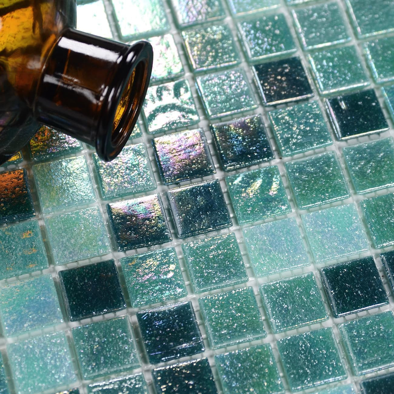 Iridescent Glass Mosaic Tiles for Backsplash, Pool, Shower – 11.5 Sq.Ft