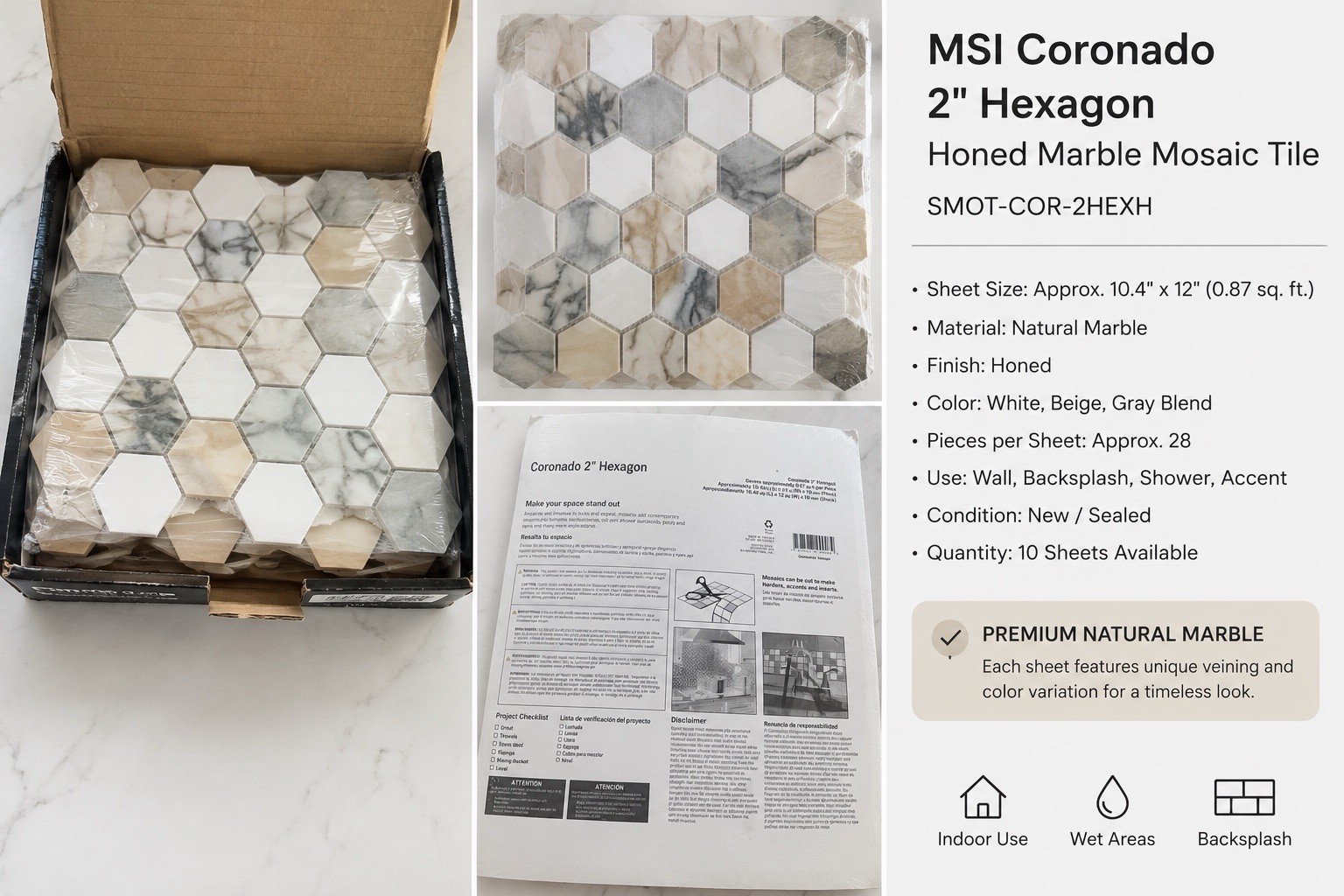 MSI Coronado 2″ Hexagon Honed Marble Mosaic Tile Sheet White/Beige/Gray