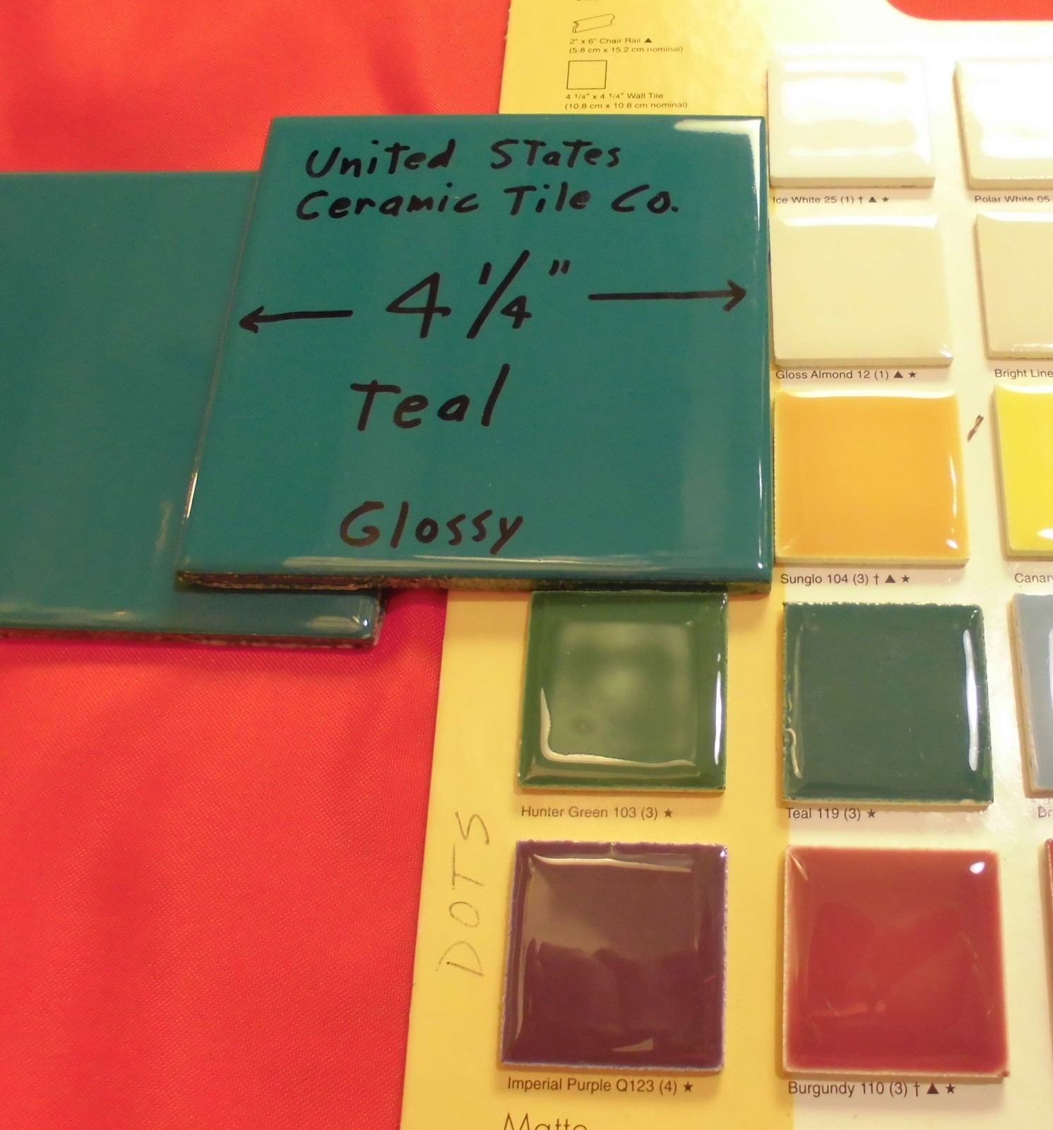 6 pieces Gloss Teal: 4-1/4″ ceramic tiles from the 1990’s, Made U.S.A. “NOS”
