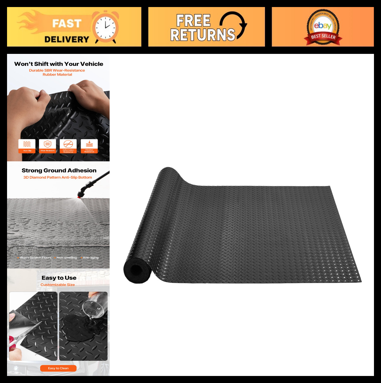 Rubber Flooring Roll 4×15 ft – 3mm Thick Non-Slip Diamond-Plate Mat for Garage,