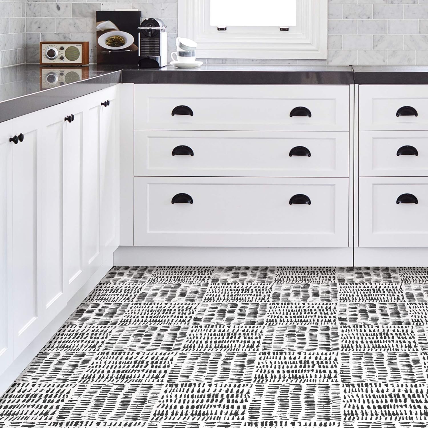 Water-Resistant Peel and Stick Floor Tiles, Black Brushstroke, 12×12 Inches Each