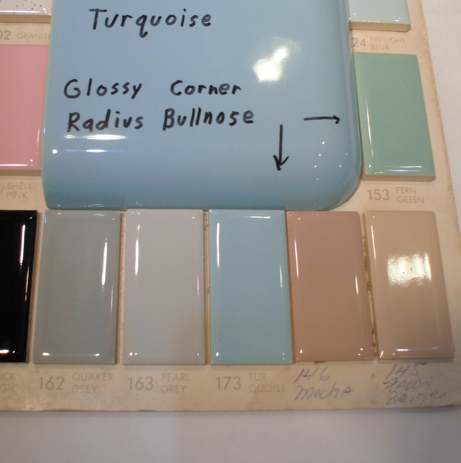 1 pc. Corner Bullnose; Turquoise Glossy Ceramic Tile by Mid-State 4-3/8″ Mudd