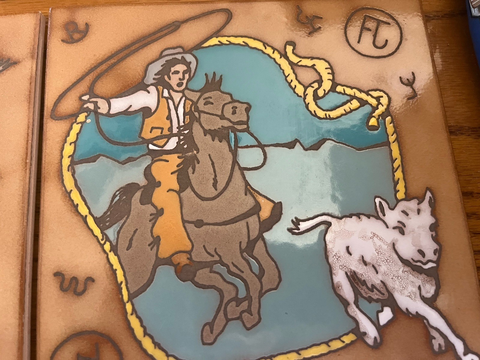 pair of 8″ Western Rodeo clay tiles,BULL RIDER, Supporto per Bicottura Italian