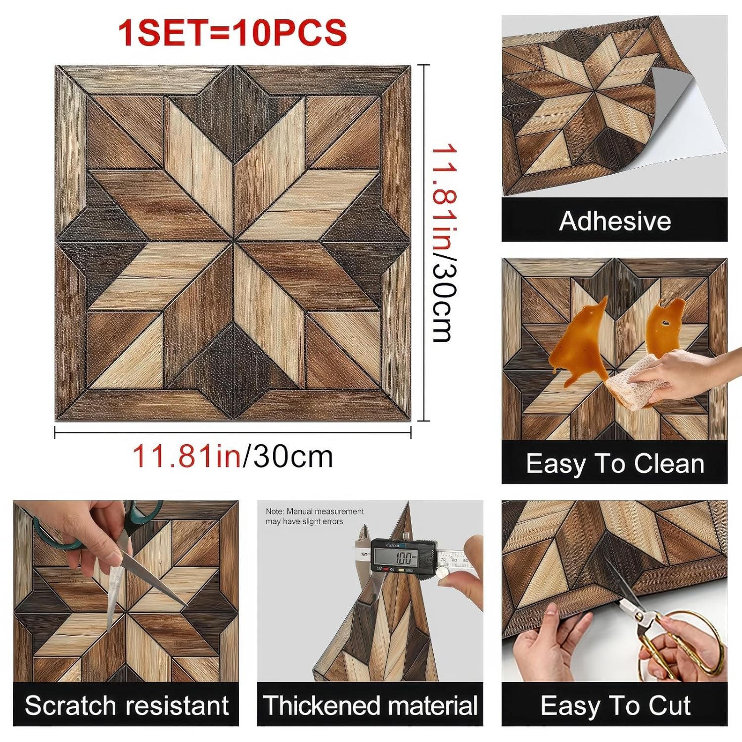 HOMETITUTE 10PCS 12×12 Inch Rustic Wood Grain Look Peel and Stick Floor Tiles Re
