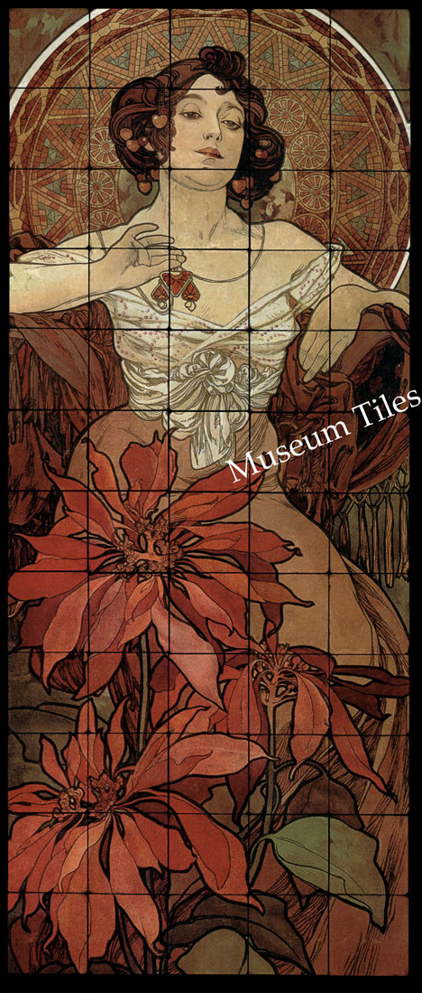 20×48 Alphonse Mucha RUBY Art Nouveau Tumbled Marble Tiles