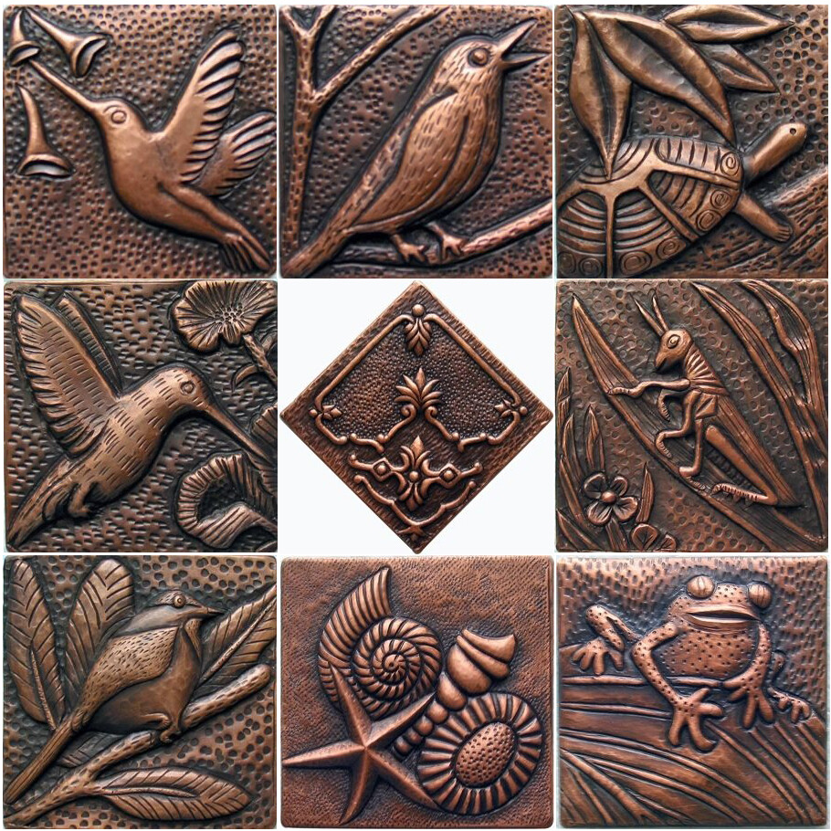 COPPER 4″ x 4″ x 3/8″ DECORATIVE WALL TILE (9 DESIGNS)