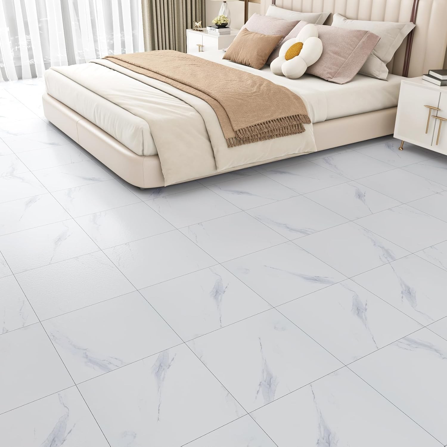 White Marble Peel and Stick Floor Tile 12in x 12in Waterproof Vinyl Flooring