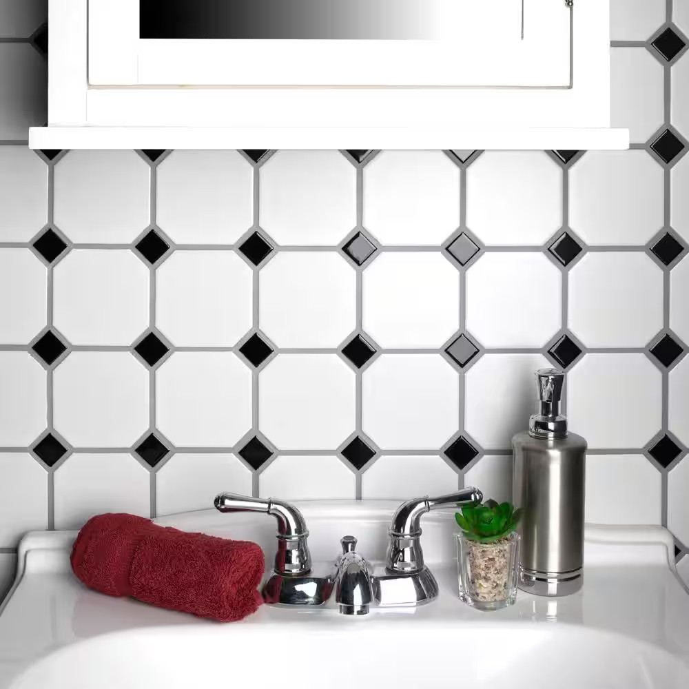 Metro Octagon Matte White with Black Dot 11-1/2 In. X 11-1/2 In. Porcelain Mosai