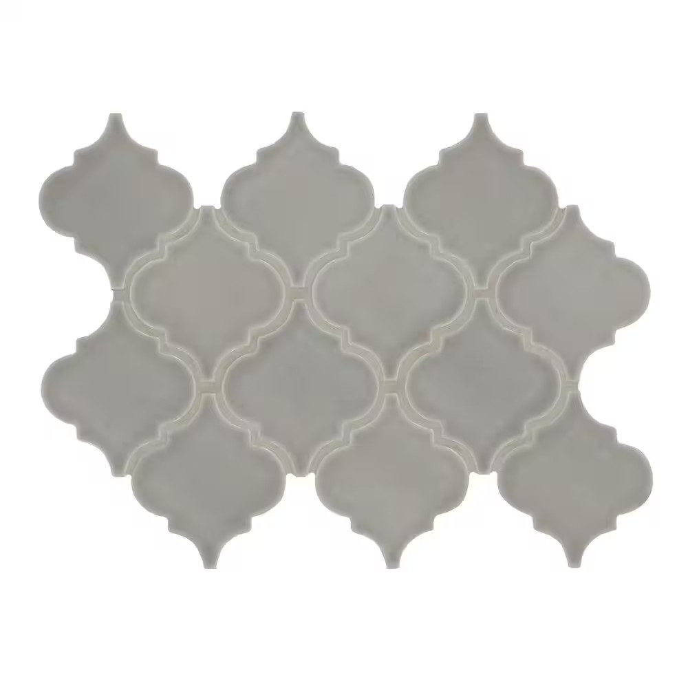 Dove Gray Arabesque 11 In. X 15 In. Crackled Glossy Ceramic Mosaic Kitchen & Bat