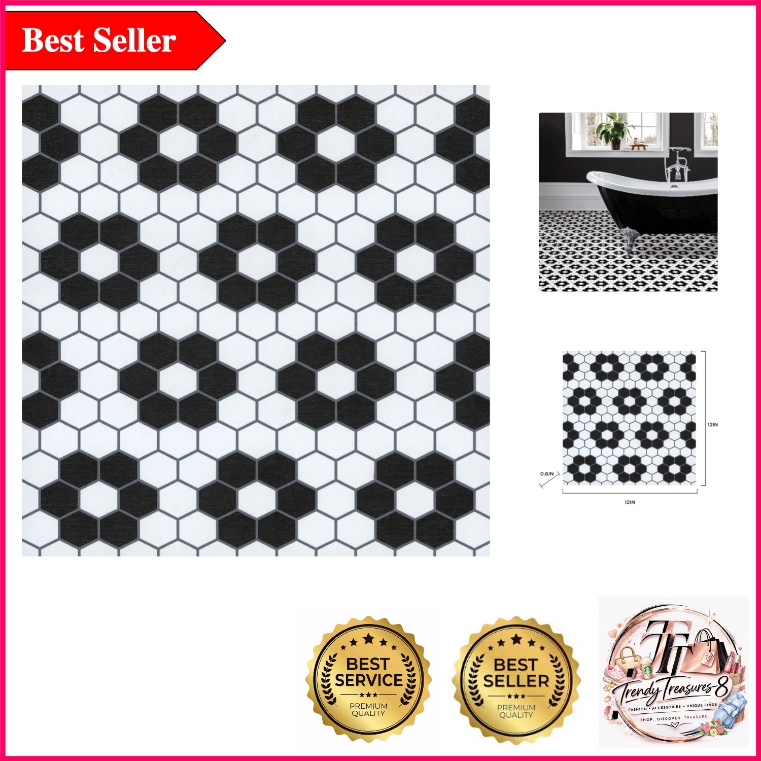 Black Biscotto Peel & Stick Floor Tiles – Floral Geometric Design