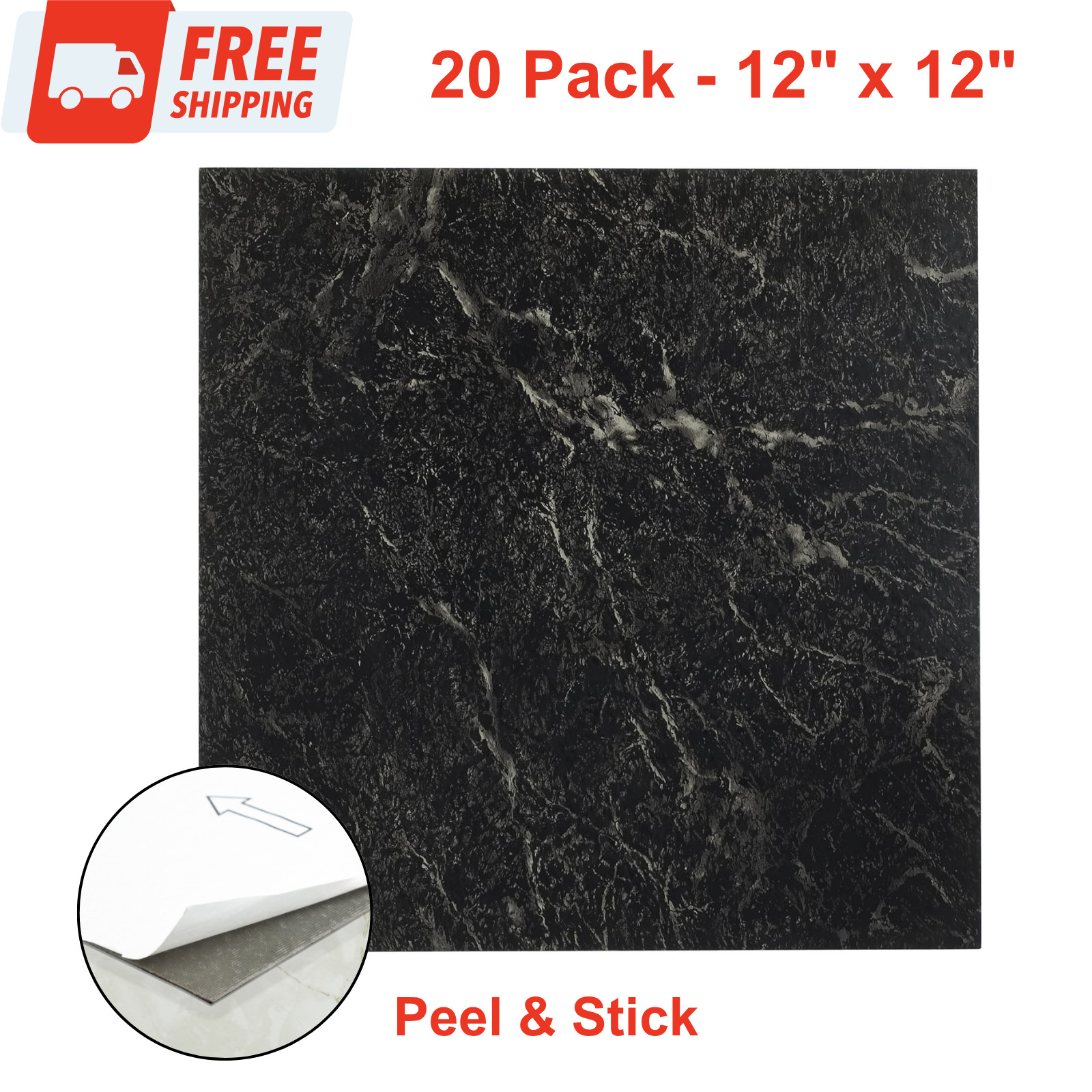 20 Pack Black White Vein Marble Vinyl Nexus Vinyl Tile Peel & Stick 12 x 12 inch
