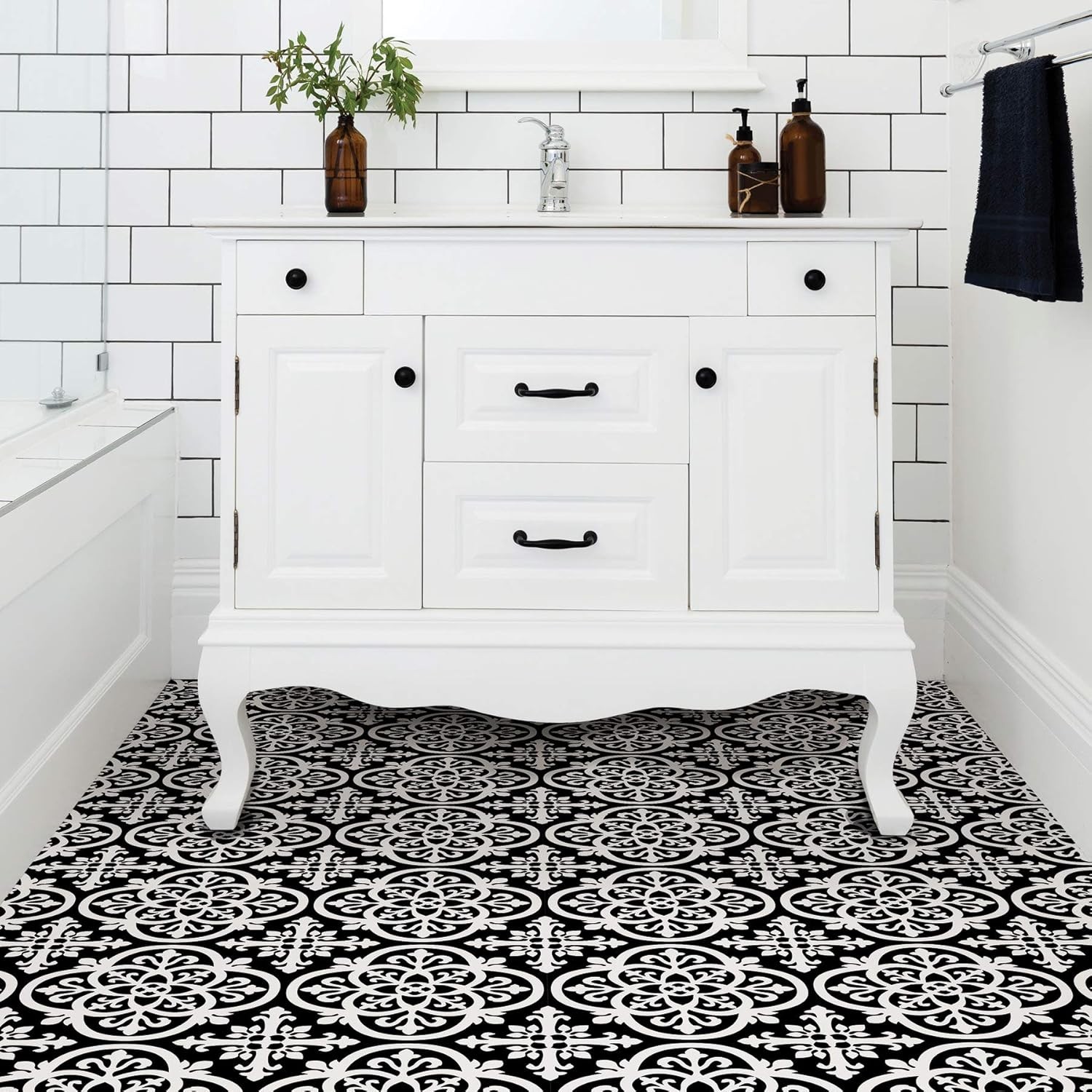 Black Gothic Peel & Stick Floor Tiles Waterproof Easy Install Patterned