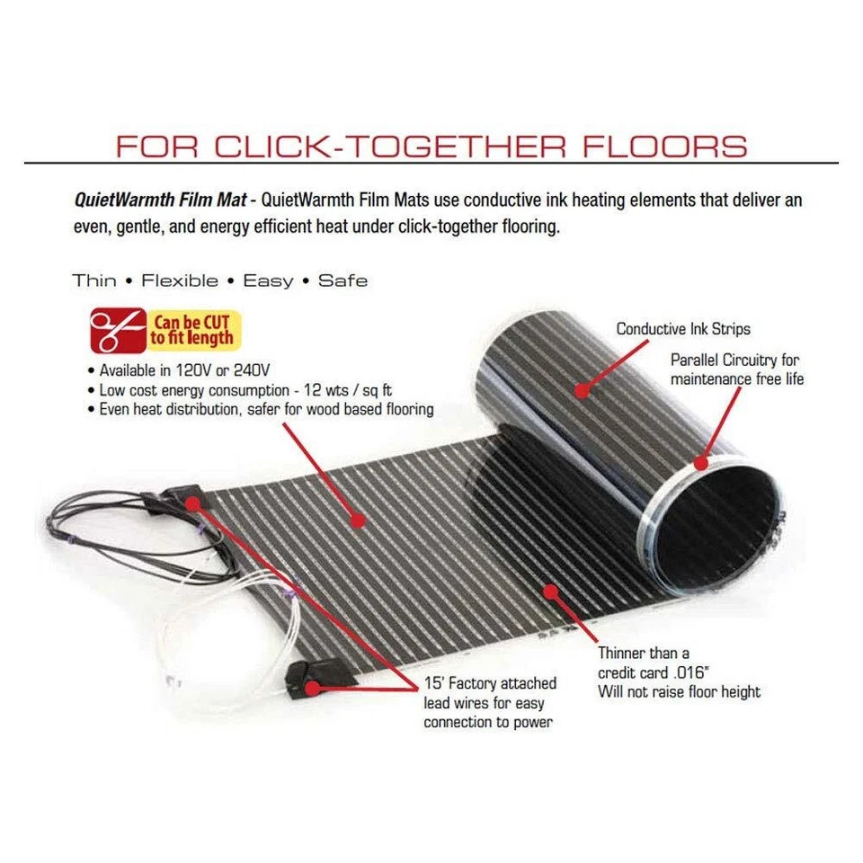 QuietWarmth QWARM3X5F120 3 Ft x 5 Ft 120v Radiant Under Floating Floor Heat Mat
