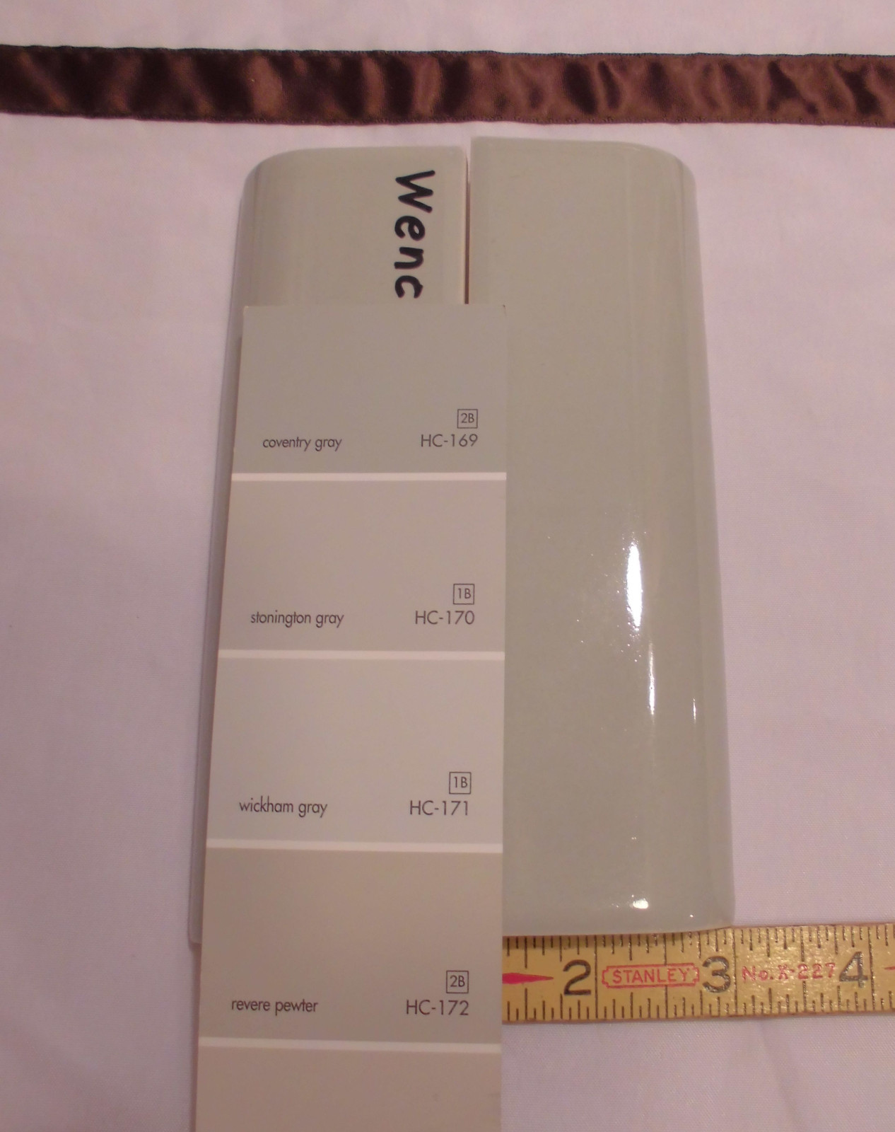 1 pc. Dove Gray: Glossy Ceramic Radius Bullnose Tile by Wenczel Co. 2″ X 6-1/4″