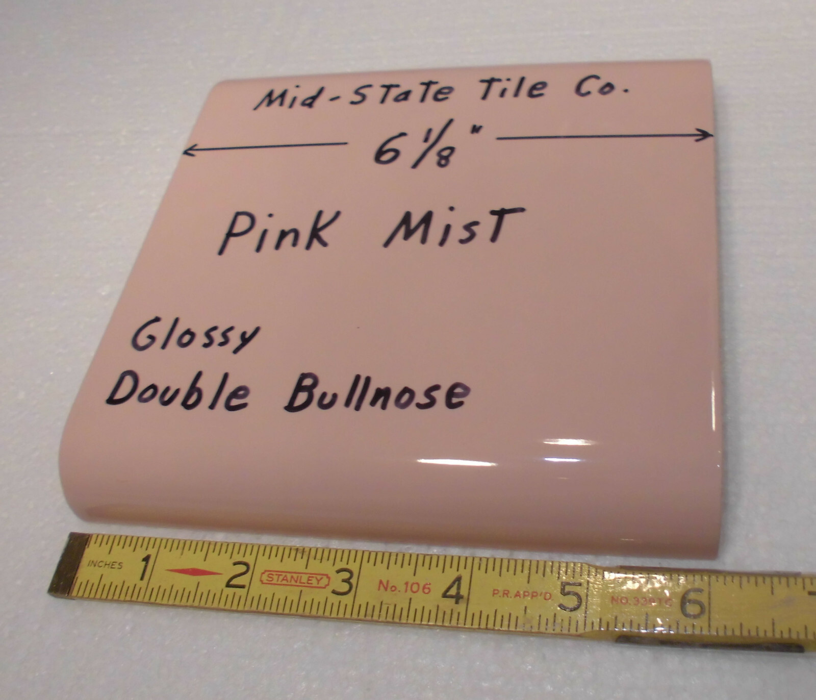 1 pc. Pink Mist 6″ x 6″ Double Radius Bullnose Glossy Ceramic Tile: Mudd Caps