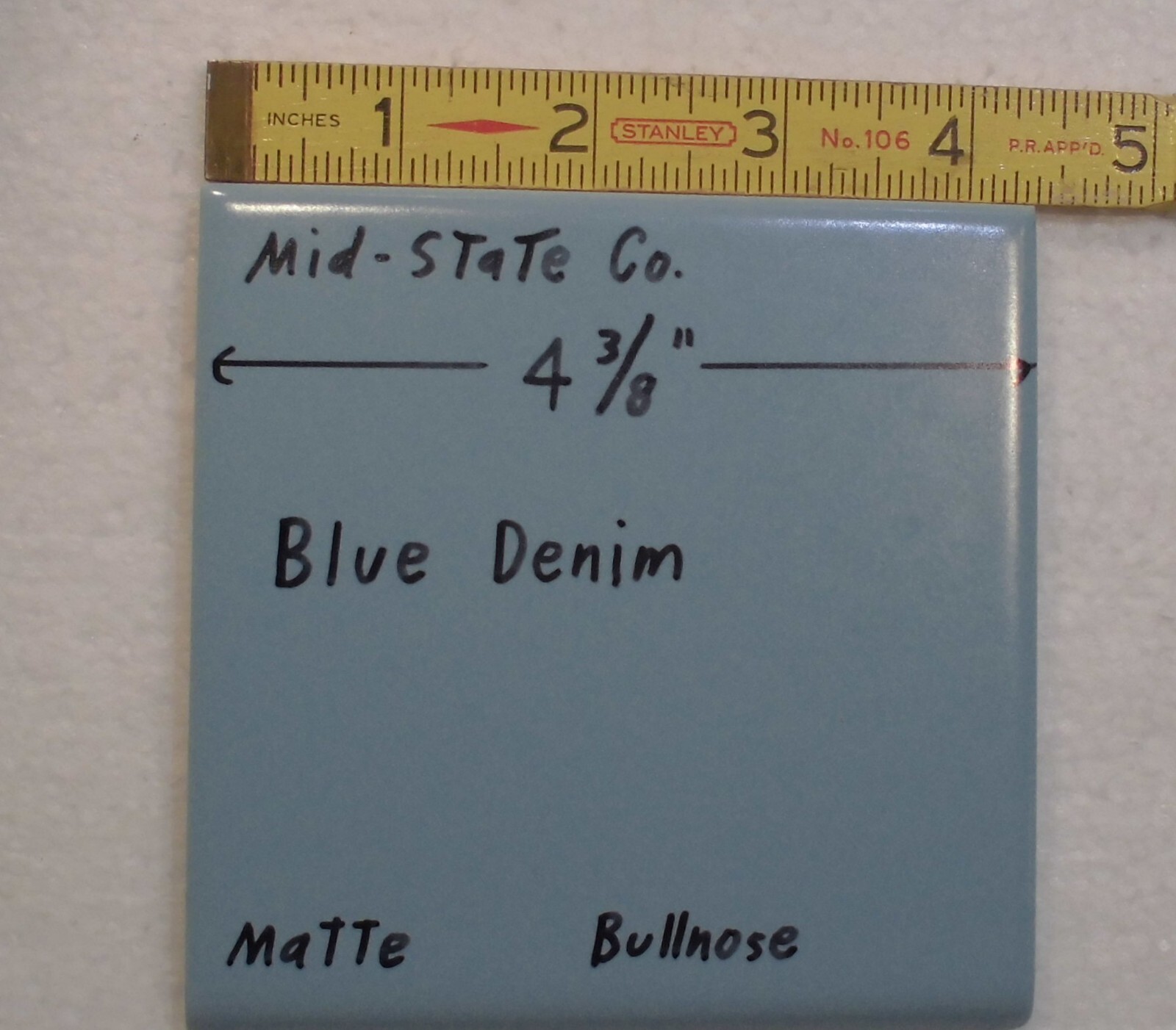 1 pc. Blue Denim: Matte Ceramic Bullnose Tile 4-3/8″ by Mid-State Co. NOS