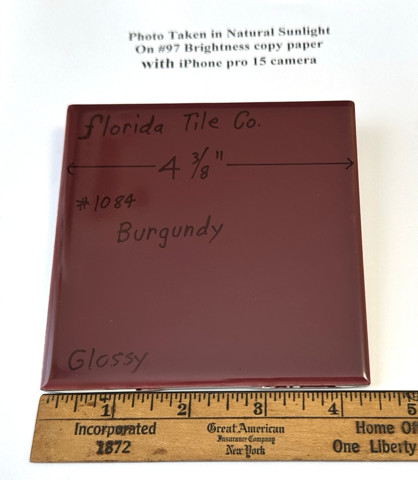 1 pc. Burgundy: 4-3/8″ Glossy Ceramic Tile by Florida Co. #1084, New Old Stock