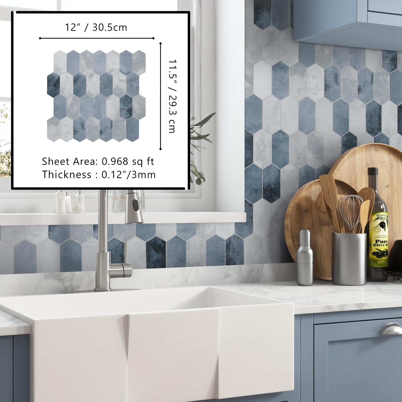 10-Sheet Peel and Stick Backsplash, 12″ x 11.5″ Blue Cement Long Hexagon Self…