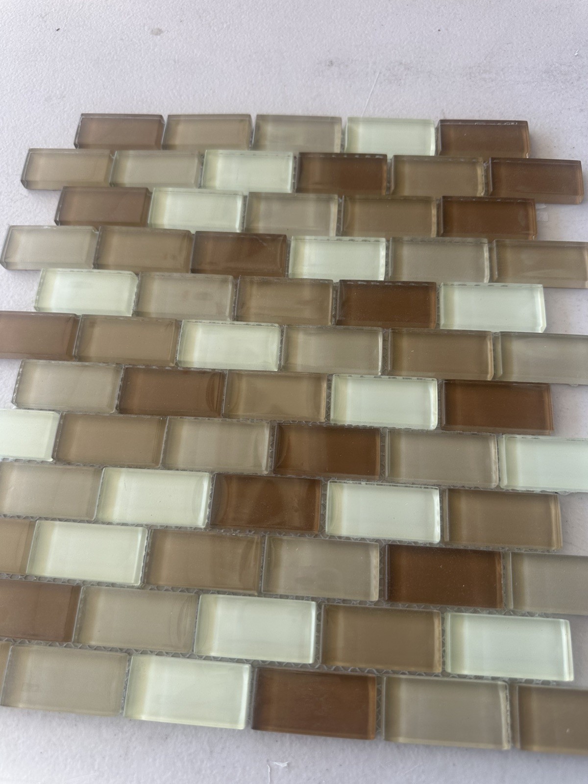 Light Beige 1×2 inch Mix Glossy Glass Mosaic Offset Mesh Mounted