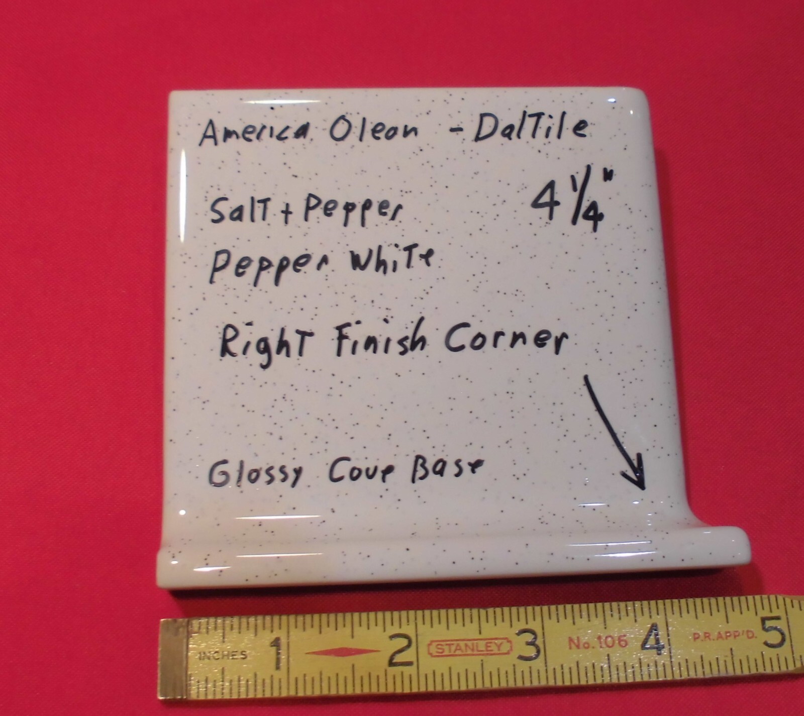 1 pc. Salt & Pepper: Right Finish Corner, Cove/Base Ceramic Tile 4-1/4″ New
