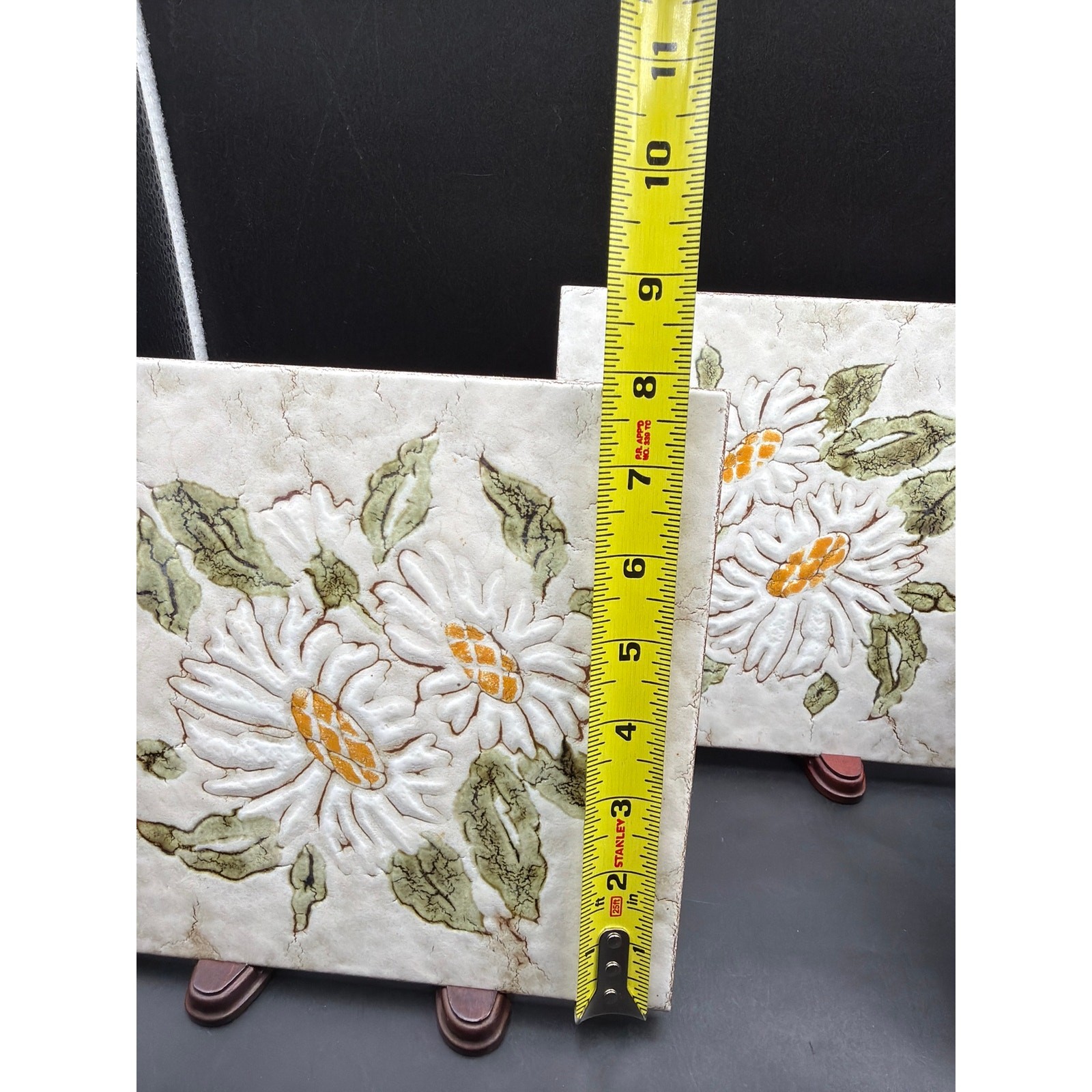 Set of 3 Vintage Hand Painted Italian Ceramic Art Tiles 8×8 White Daisy Floral