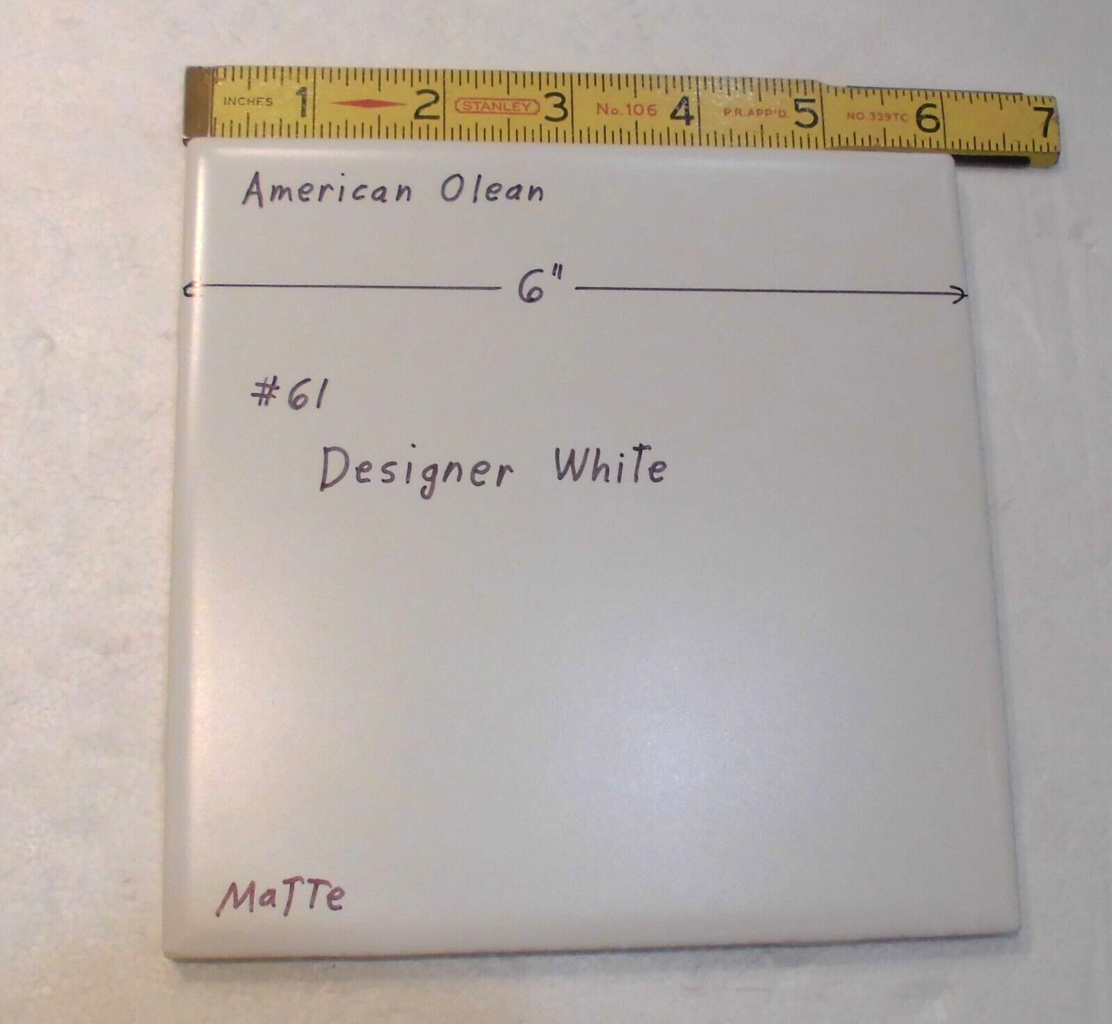1 pc. *Matte Designer White* #61 by American Olean 6″ X 6″ Ceramic Tile: NEW