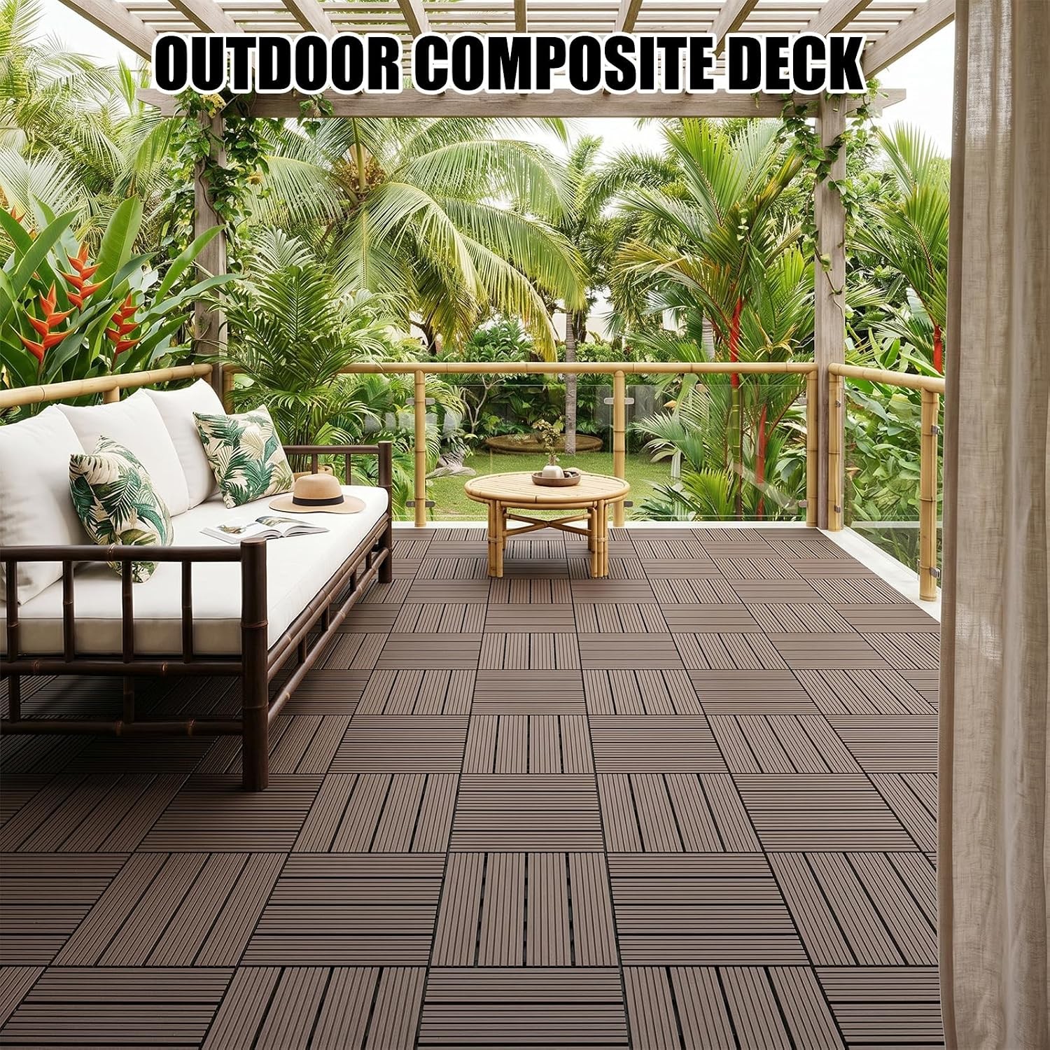 10 Pack Snap-Lock Deck Tiles 12x12in WPC Outdoor Flooring for Garden Poolside