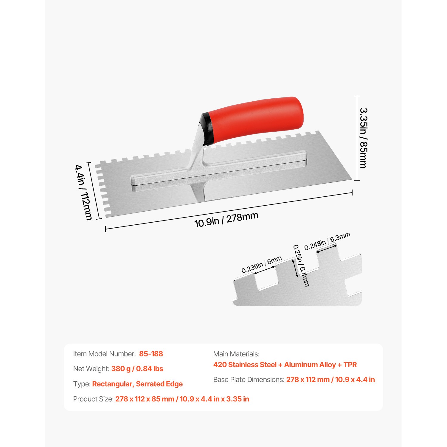 Tile Tools Stainless Steel Squared Notch Tile Trowel 10.9×4.4in Pro Grade