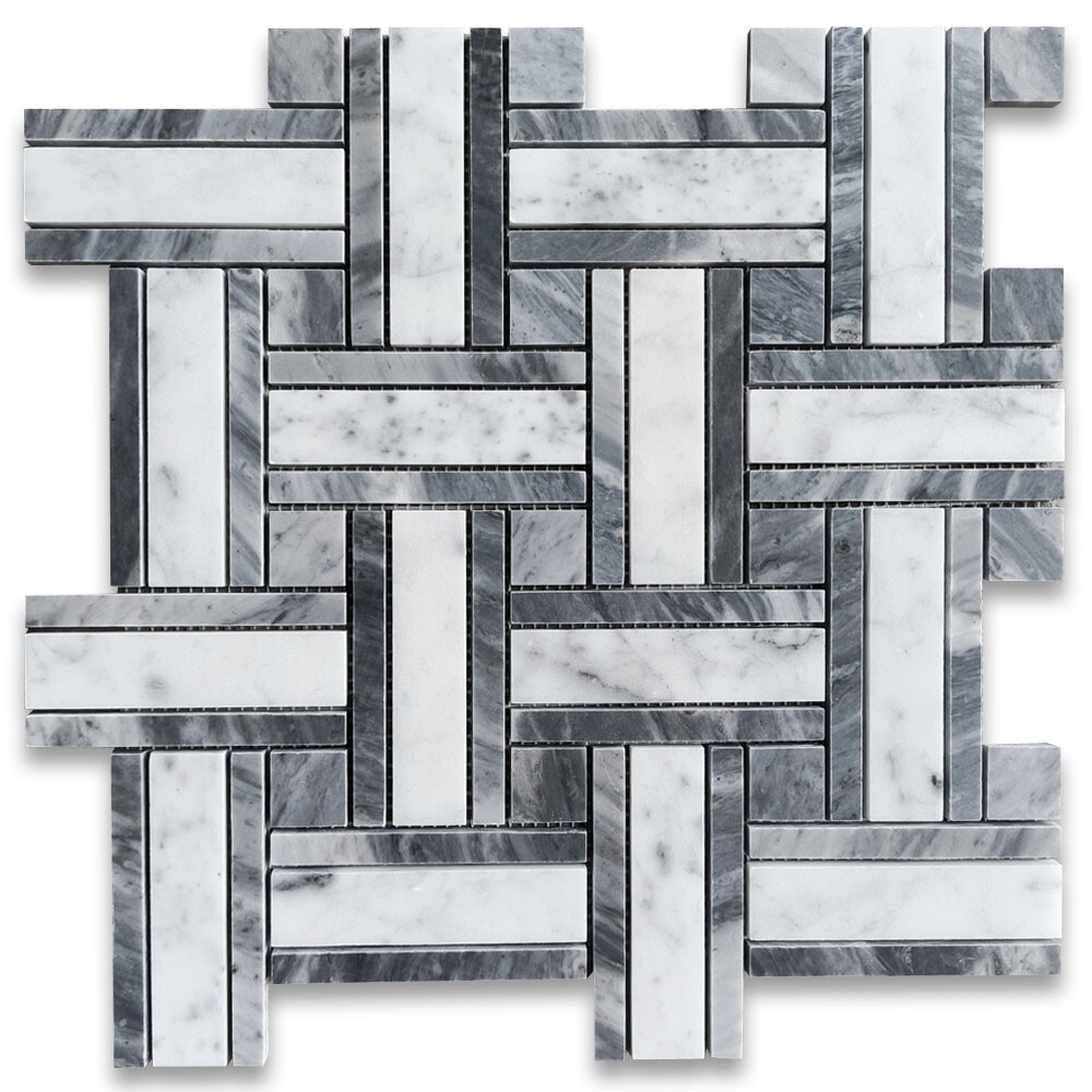 C66A7XP Carrara White Marble Twine Basketweave Mosaic Tile Bardiglio Gray
