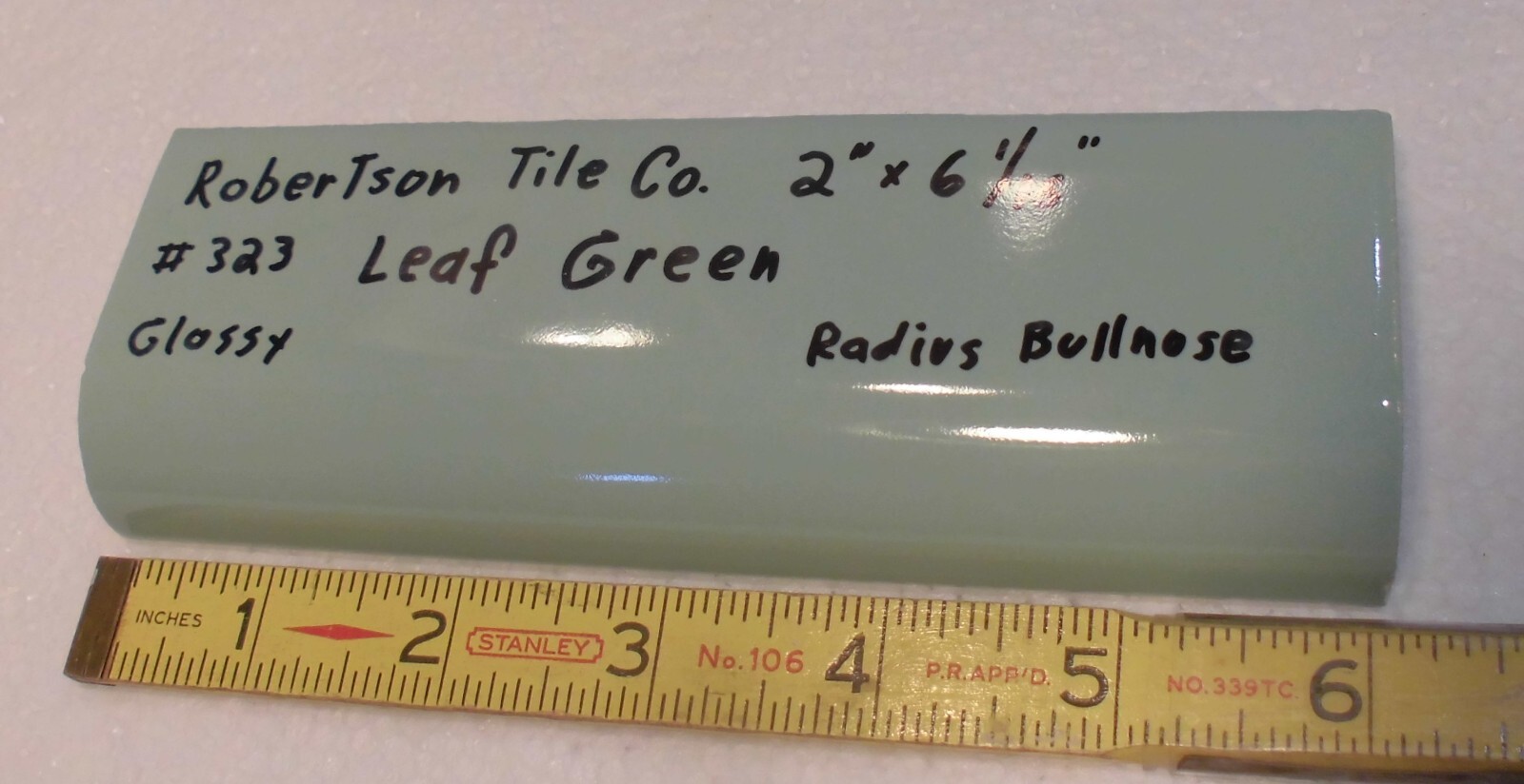 1 pc. Leaf Green: 2″ X 6-1/16″ Glossy Ceramic Radius Bullnose Tile: Mudd Caps,