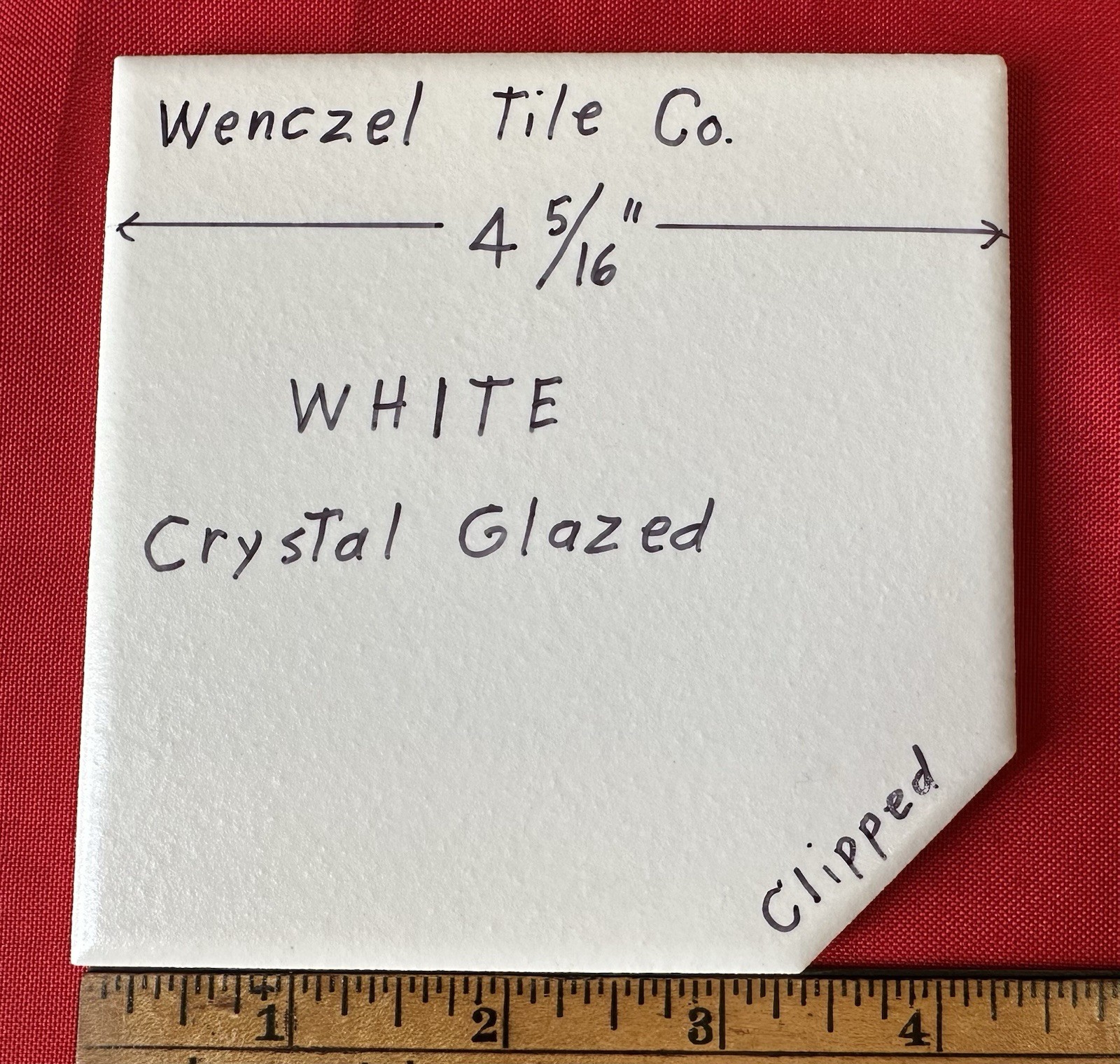 1 pc. White Crystal Glazed: Ceramic Tile by Wenczel Co. 4-5/16, Clipped Corner