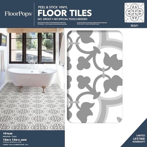 FloorPops FP2953 Remy Peel & Stick Floor Tiles, 12″L x 12″W x 0.06″T, Gray