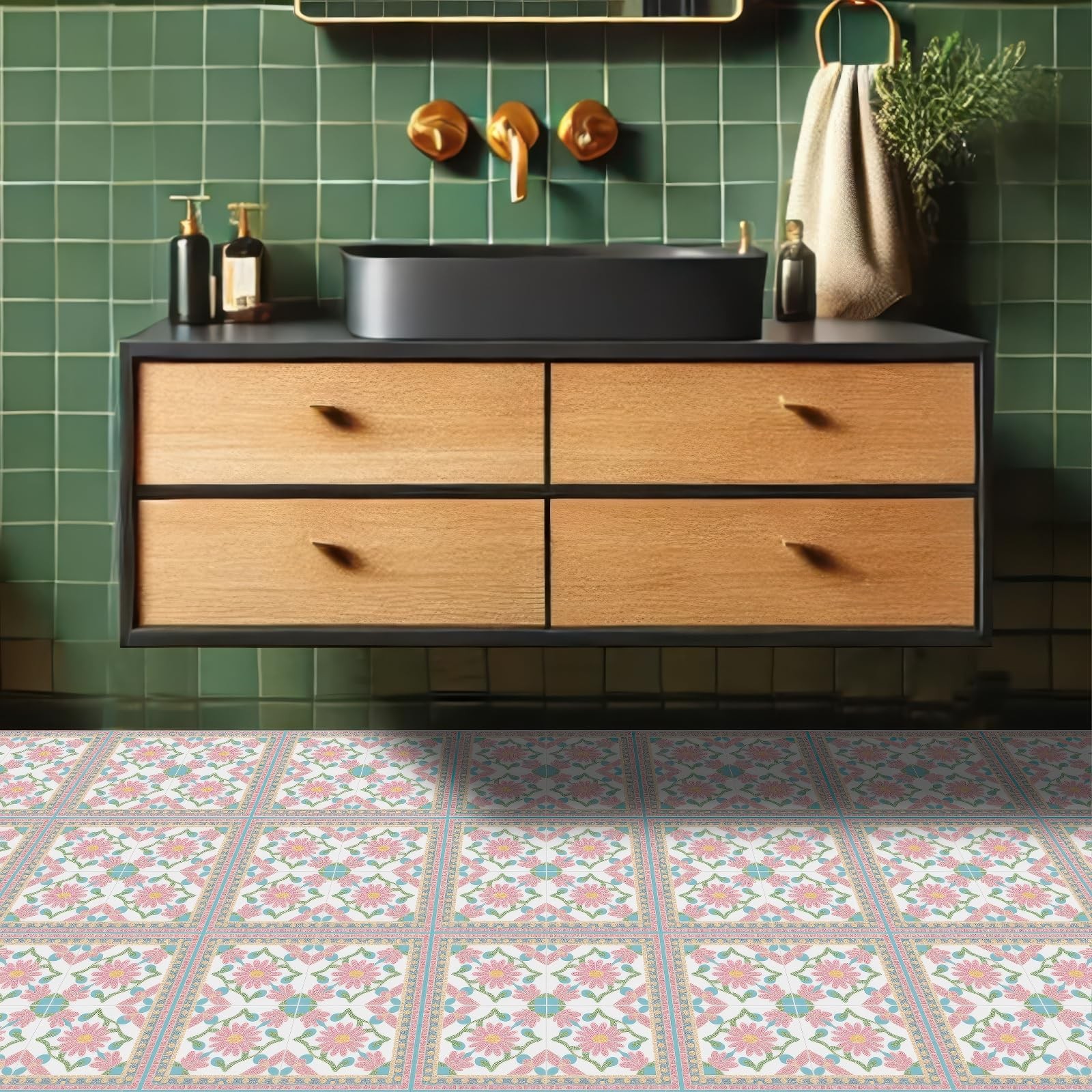 10PCS 12×12 Inch Pink and Blue Floral Design Floor Tiles Peel and Stick Remov…