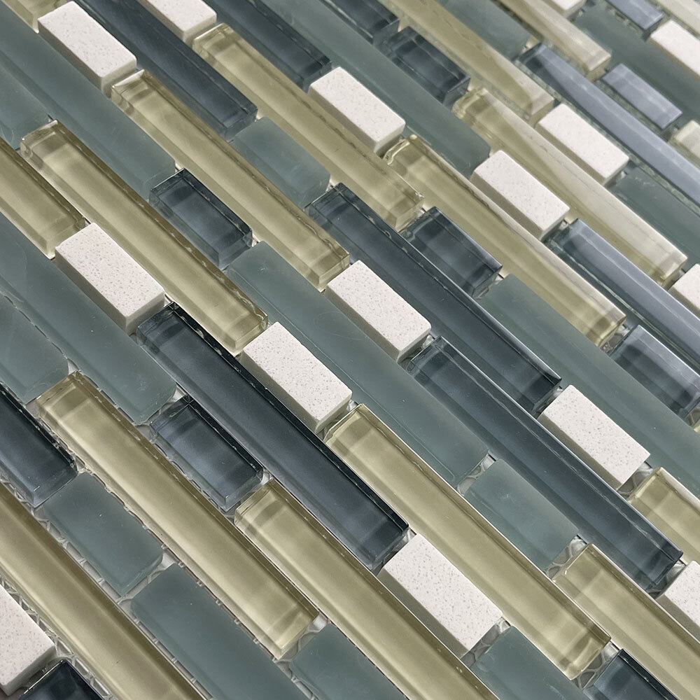 A77005 Glass Mosaic Tile Blue Beige Glass Mix Crystal White Marble Brick