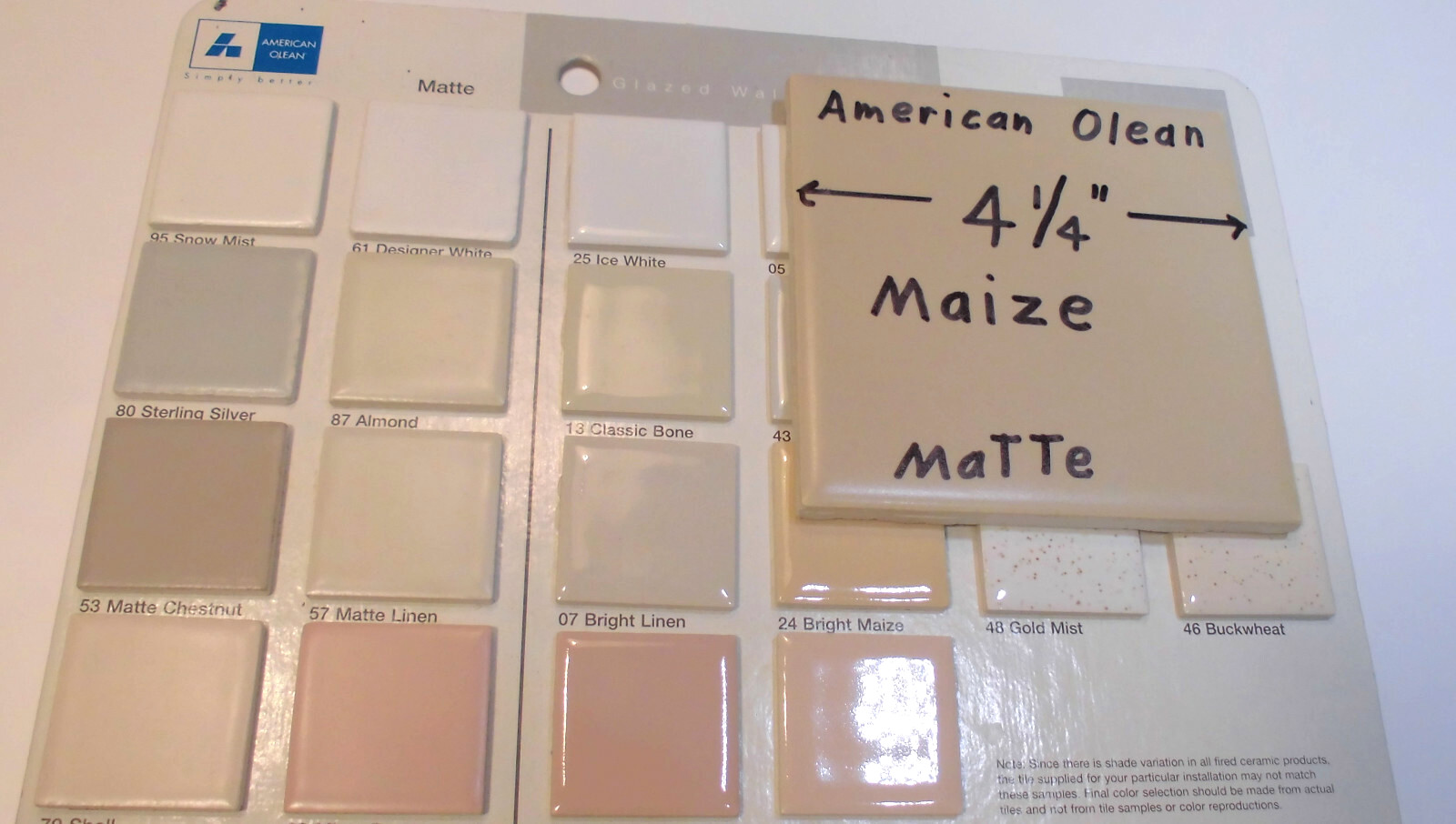 1 pc. Vintage Ceramic Tile *Maize Color* American Olean; 4-1/4″ Matte +Yellow