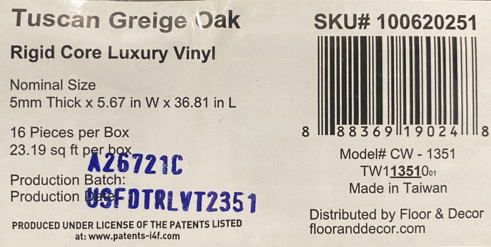 TUSCAN GREIGE vinyl plank flooring waterproof 5mm thick 37.50 L 5.67 W