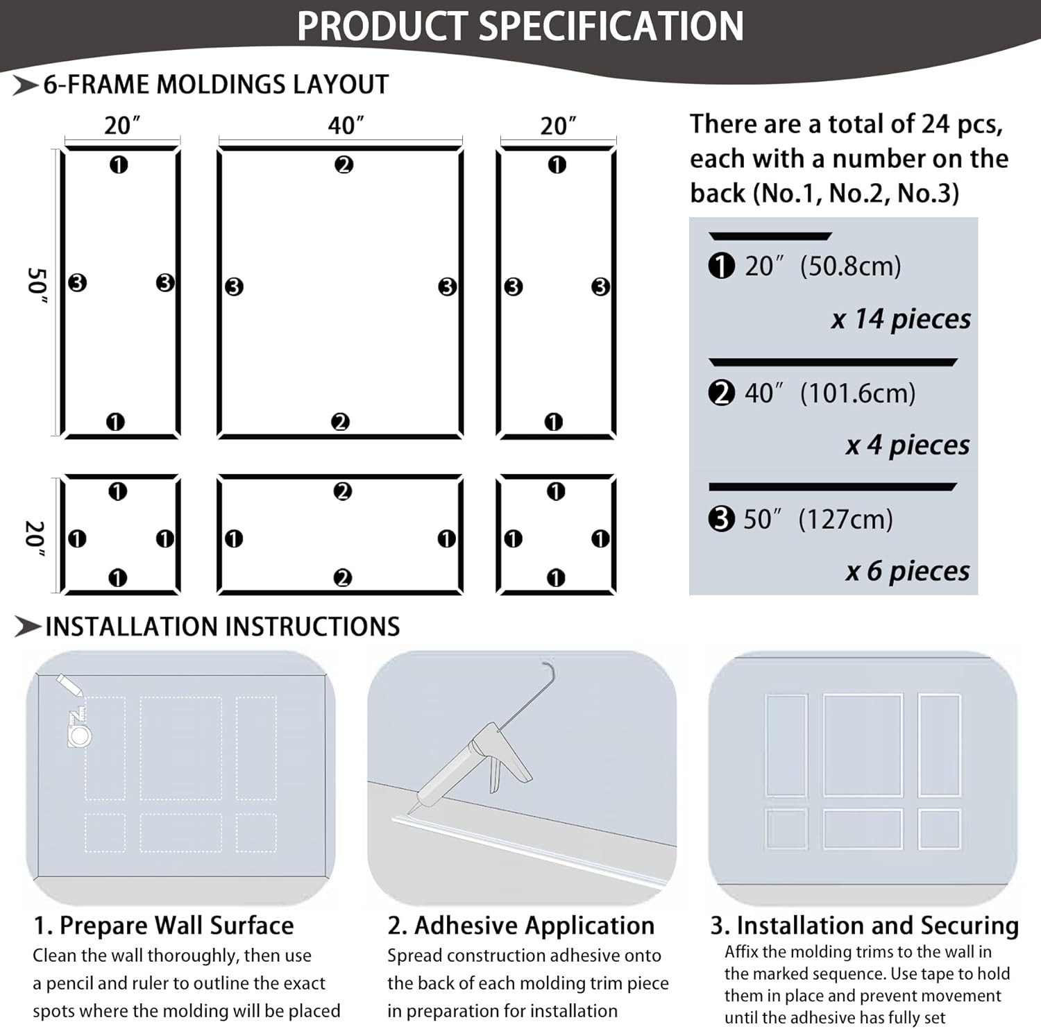 *PACK of 2* Pre-Made Accent Panel Wall Molding Kit w/ 6x Frame (48 pc, 12 frame)