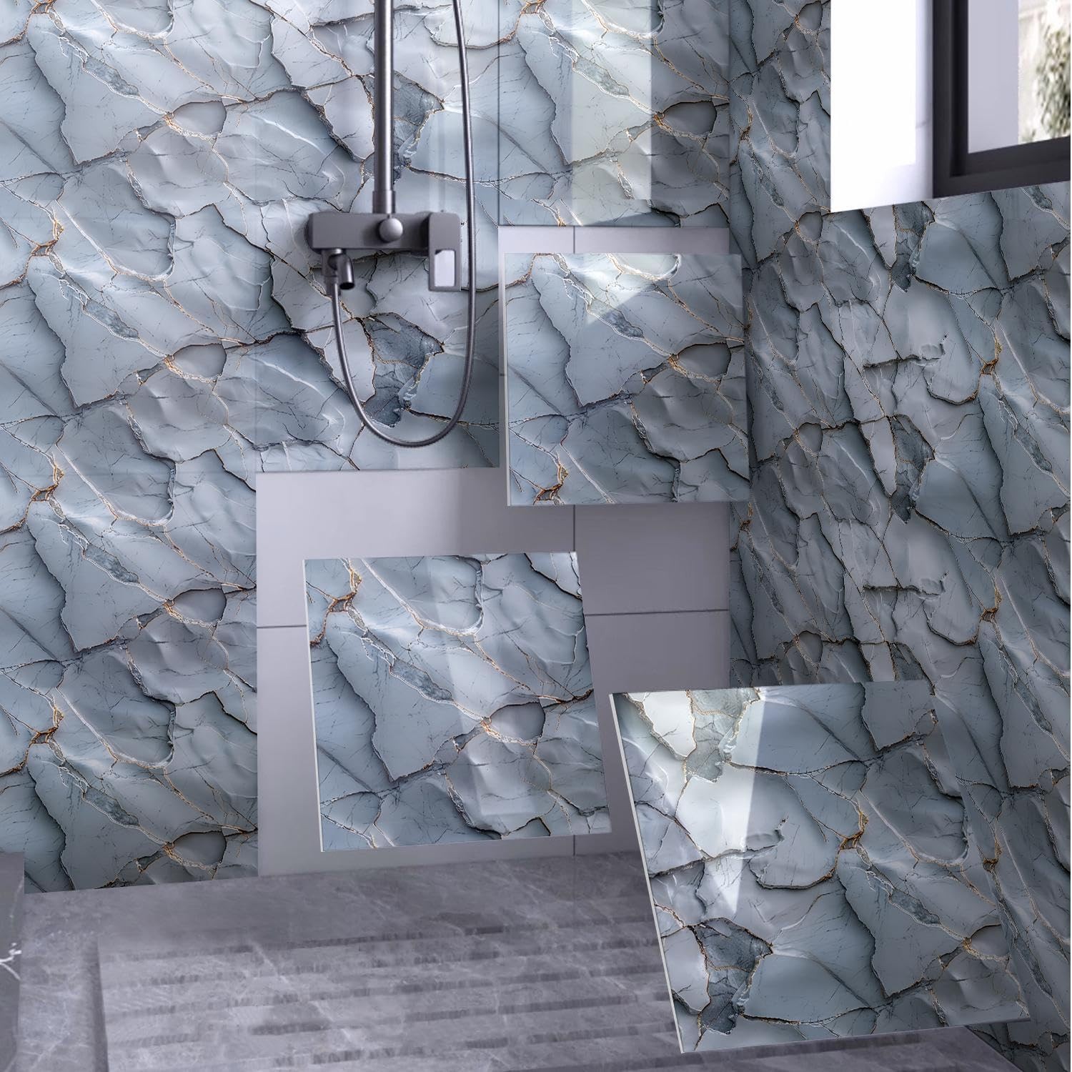 Chejiaye Shower Wall Panels Peel and 11.8″x11.8″x0.08″in, White Gray