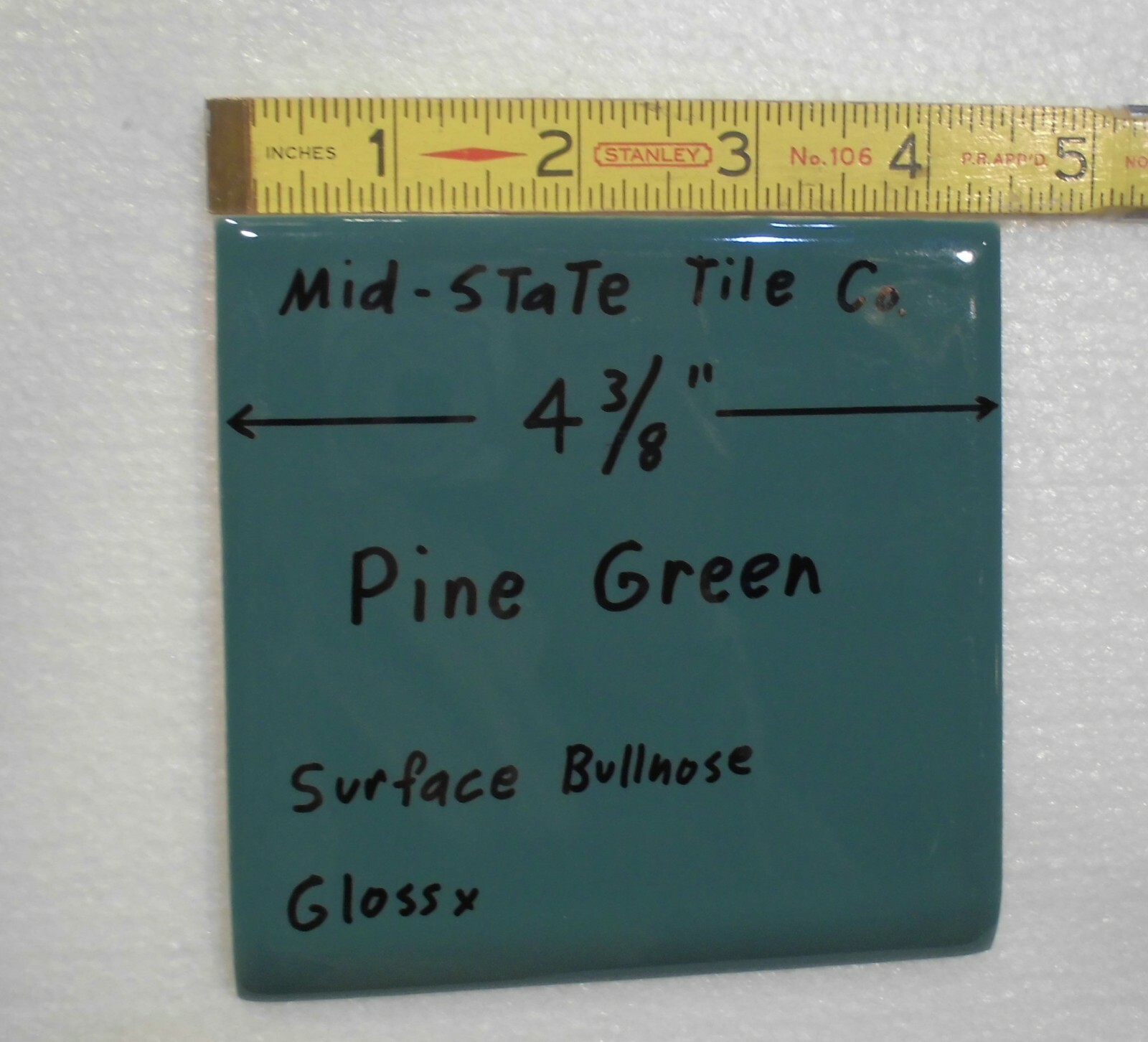 1 pc. *Pine Green* Bullnose Ceramic Tile 4-3/8″ by Mid-State Co. Glossy NEW