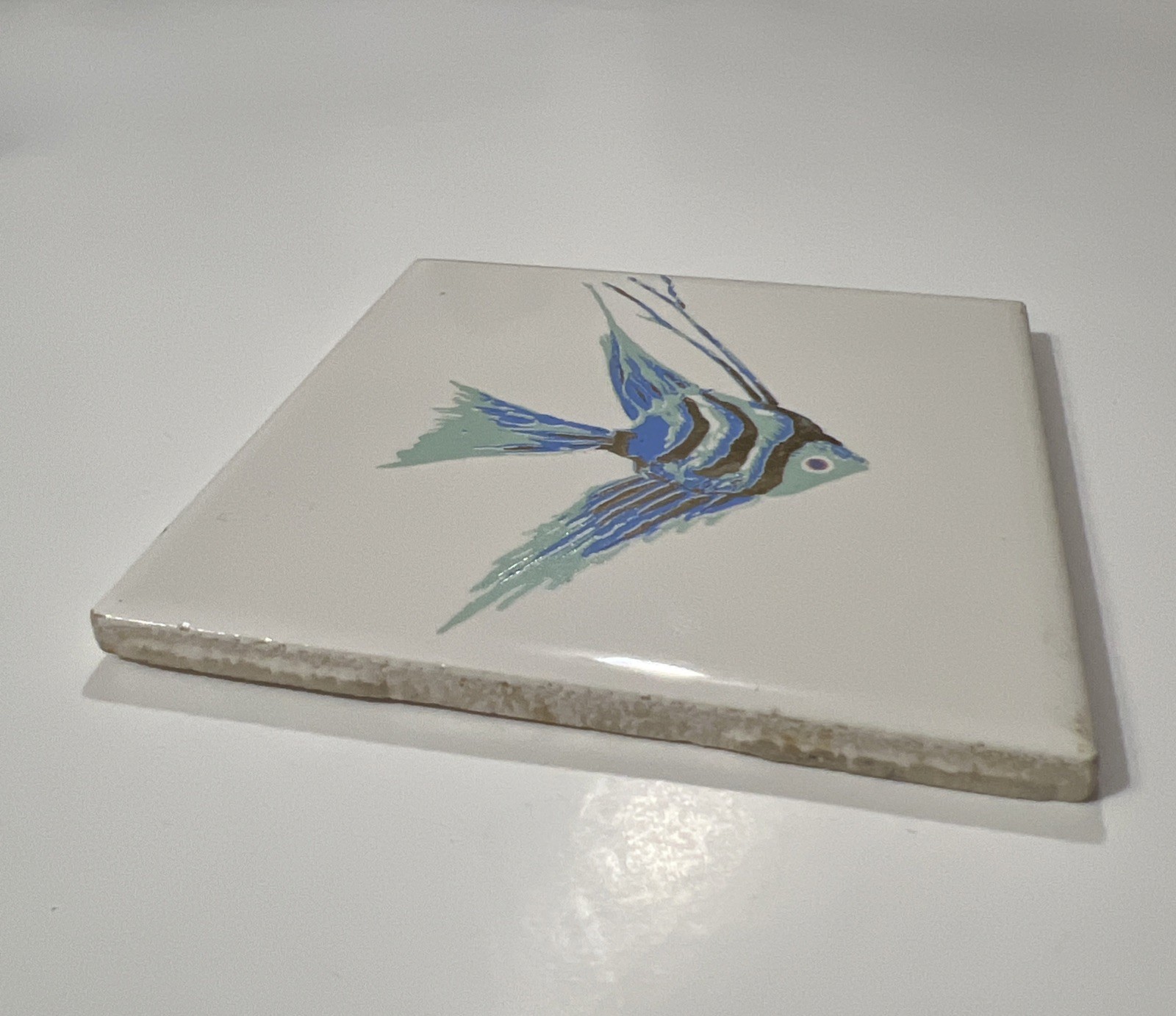 Fish Tile Decorative Angel Fish Blue & Gold With Acrylic Stand 4.25X4.25”