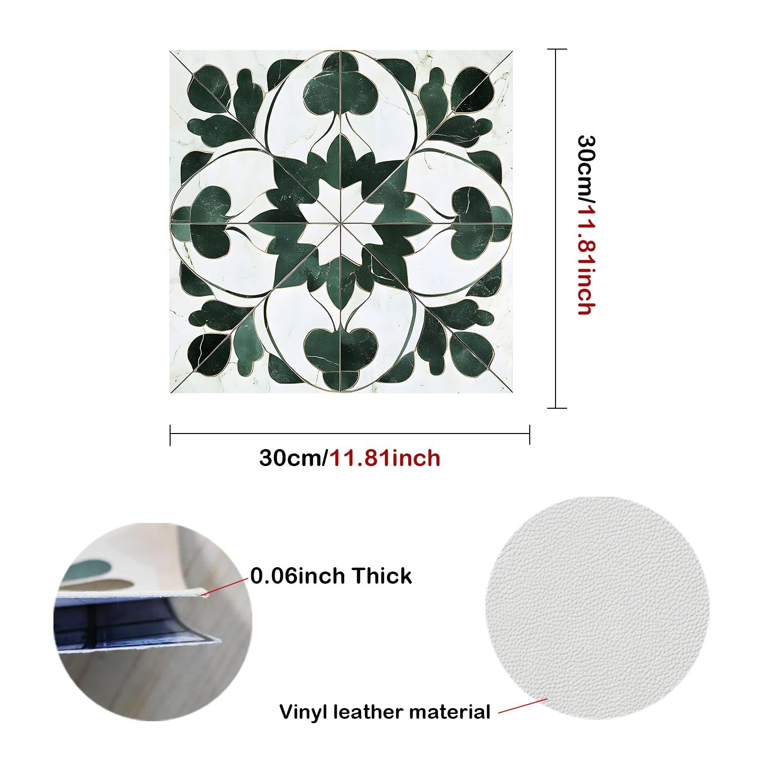 Peel and Stick Vinyl Floor Tiles, 11.8″x11.8″ Green Leaf Geometric Pattern, 1…