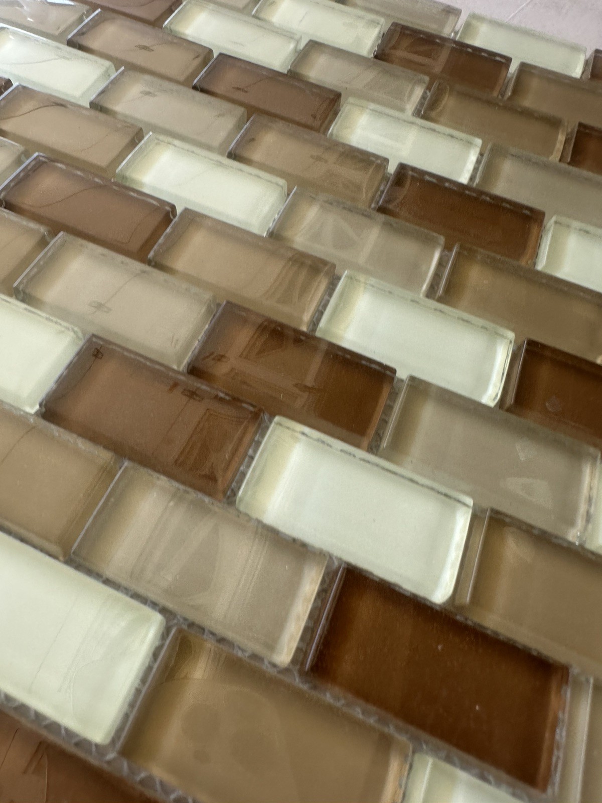 Light Beige 1×2 inch Mix Glossy Glass Mosaic Offset Mesh Mounted