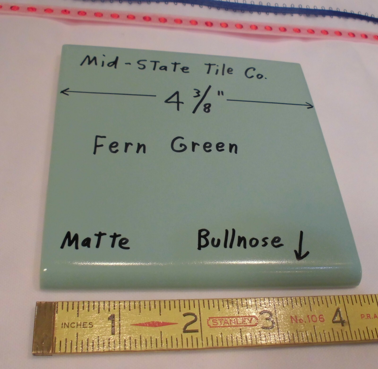 1 pc. Fern Green; Matte Bullnose Ceramic Tile 4-3/8″ by Mid-State Co. NOS