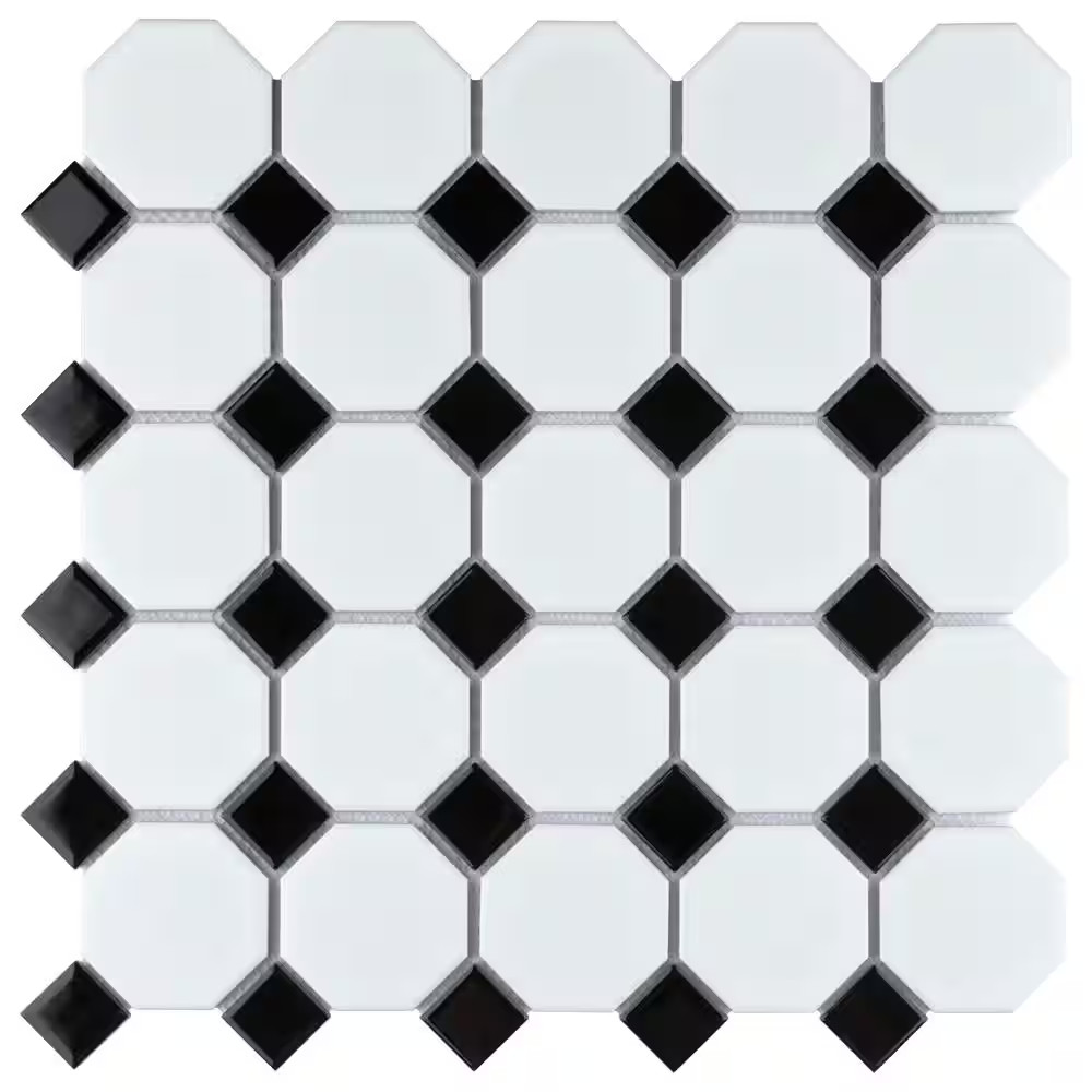 Metro Octagon Matte White with Black Dot 11-1/2 In. X 11-1/2 In. Porcelain Mosai