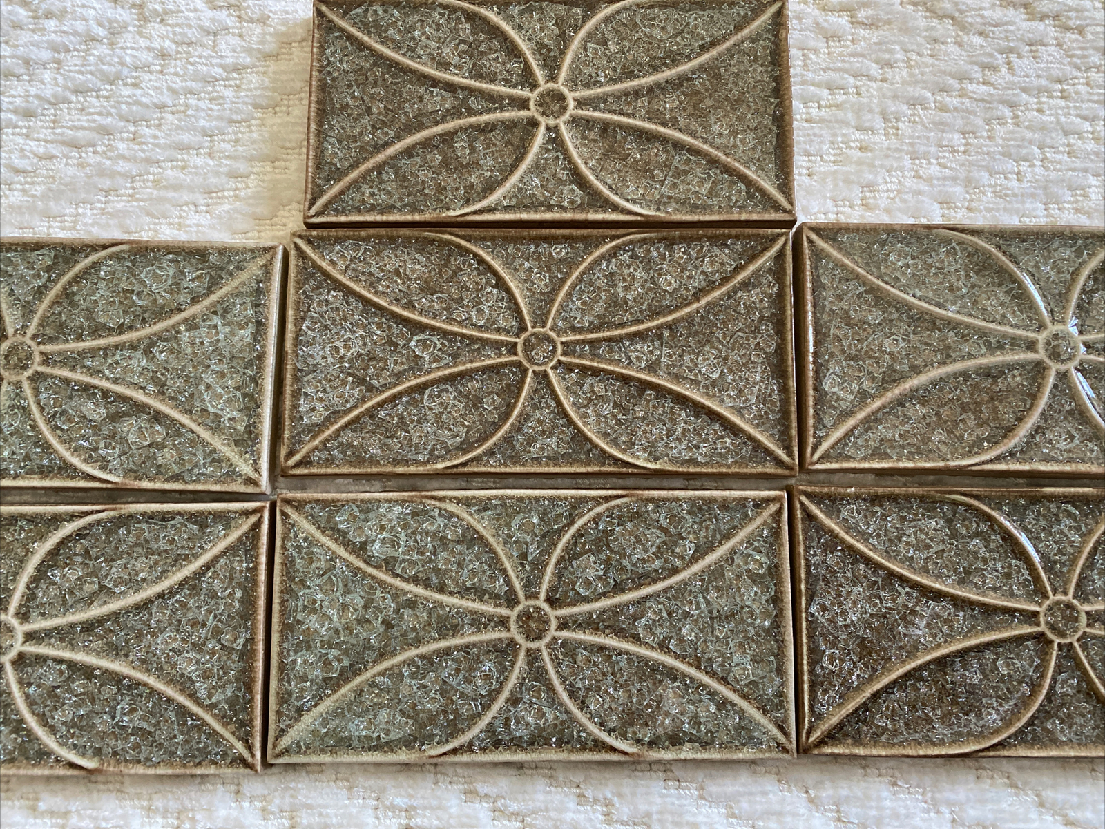 7 Crackle Glass Ceramic Green/ Brown Flower Tiles 3”x6”