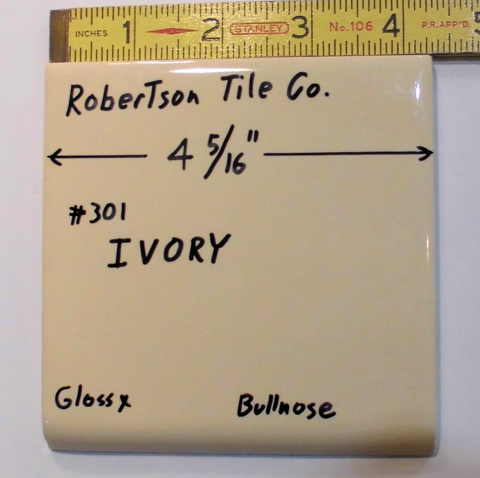 1 pc. Glossy Ceramic Bullnose Tile *Ivory* 4-5/16″ By Robertson Tile Co. New