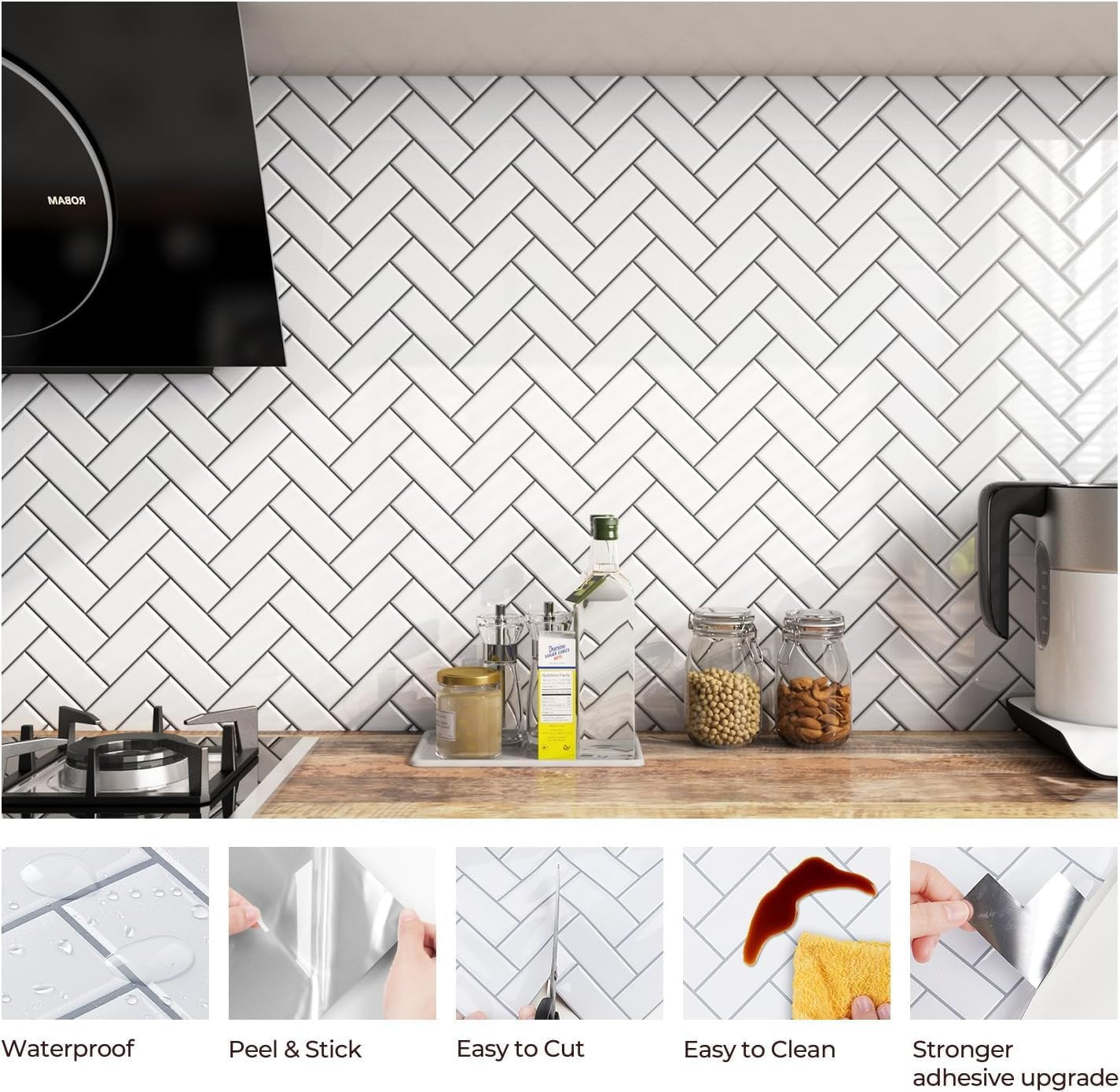 30 Pcs White Herringbone Peel and Stick Backsplash Tiles for Kitchen & Bath