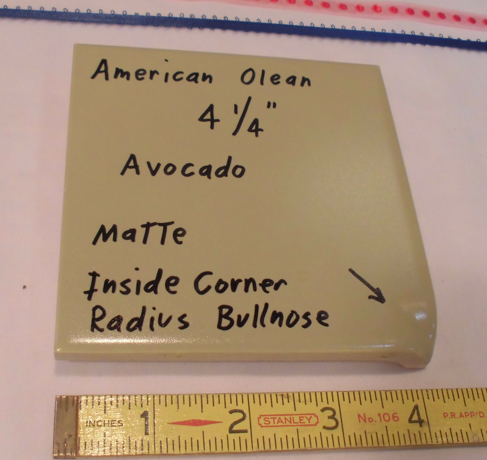Avocado Green: Matte Radius Inside Corner Bullnose Ceramic Tile 4-1/4″ A.O.