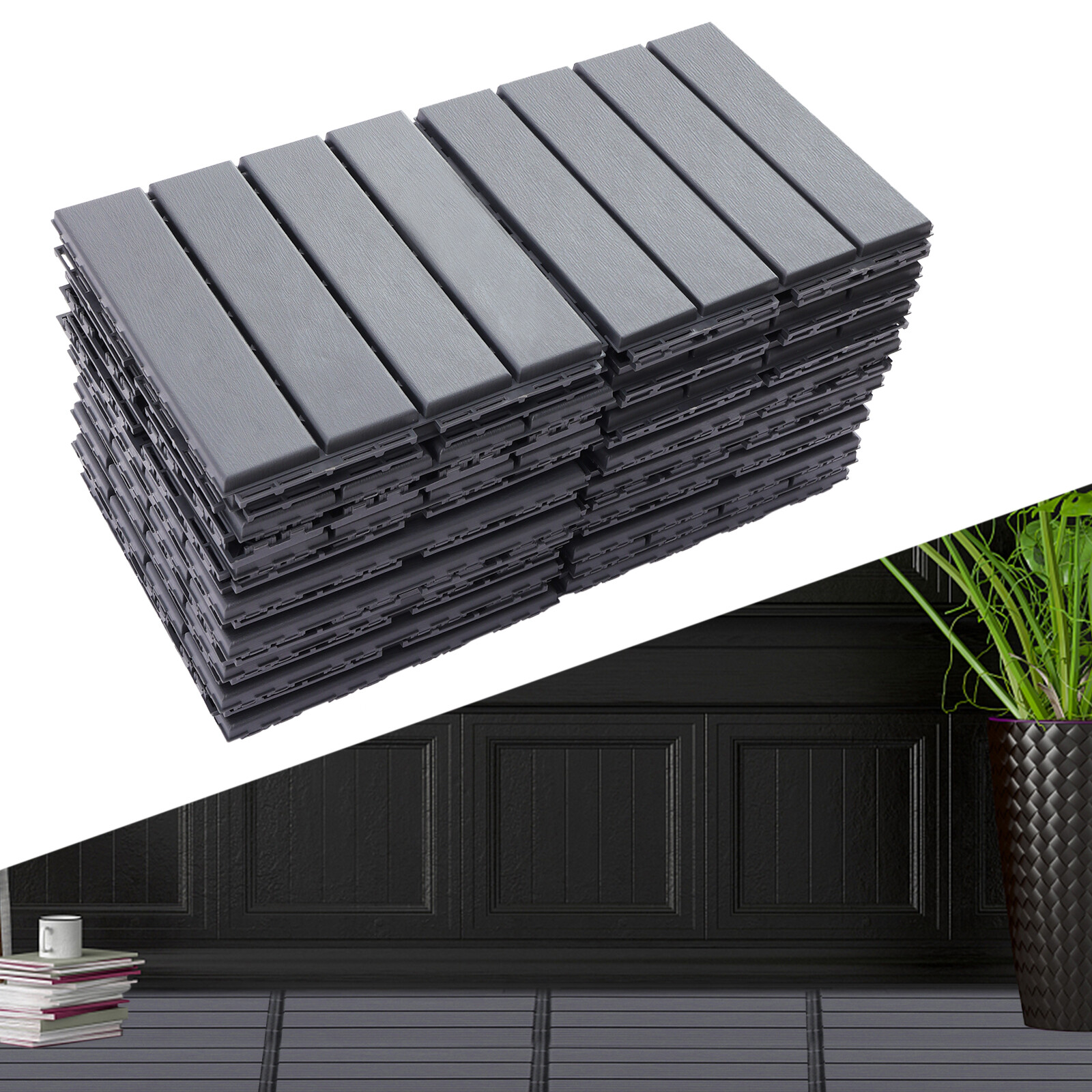 12″x12″ Interlocking Deck Tiles, 30 Pack Outdoor Patio Floor Tiles Dark Gray