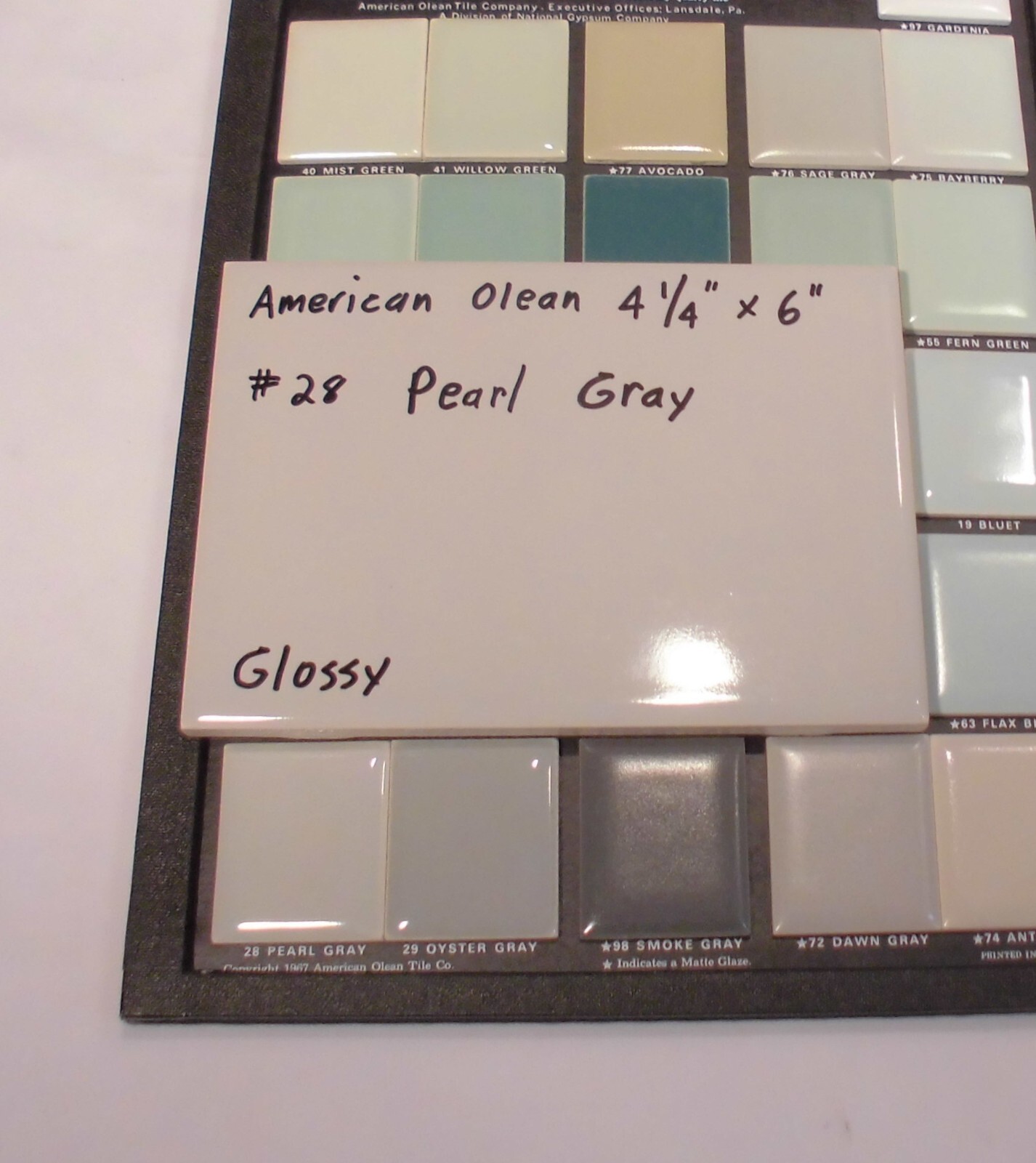 1 pc. *Pearl Gray* Glossy Ceramic Tile #28 by American Olean 4-1/4″ X 6″ NOS